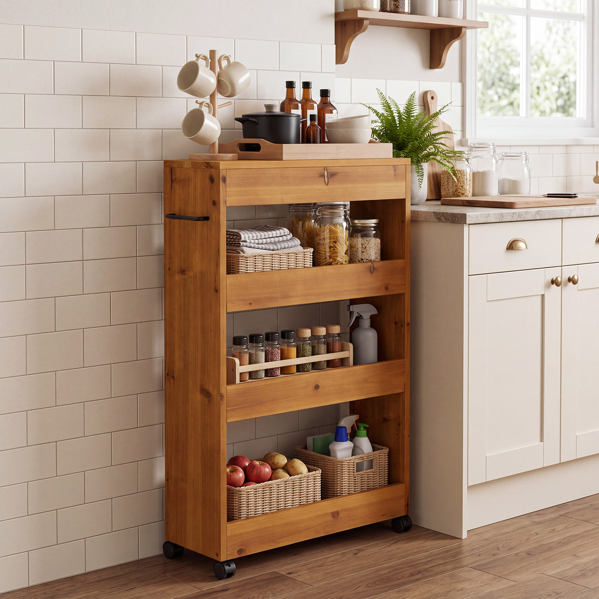 Solid Wood Kitchen Cart, Rolling Kitchen Trolley with 4-Tier Storage for Small Spaces