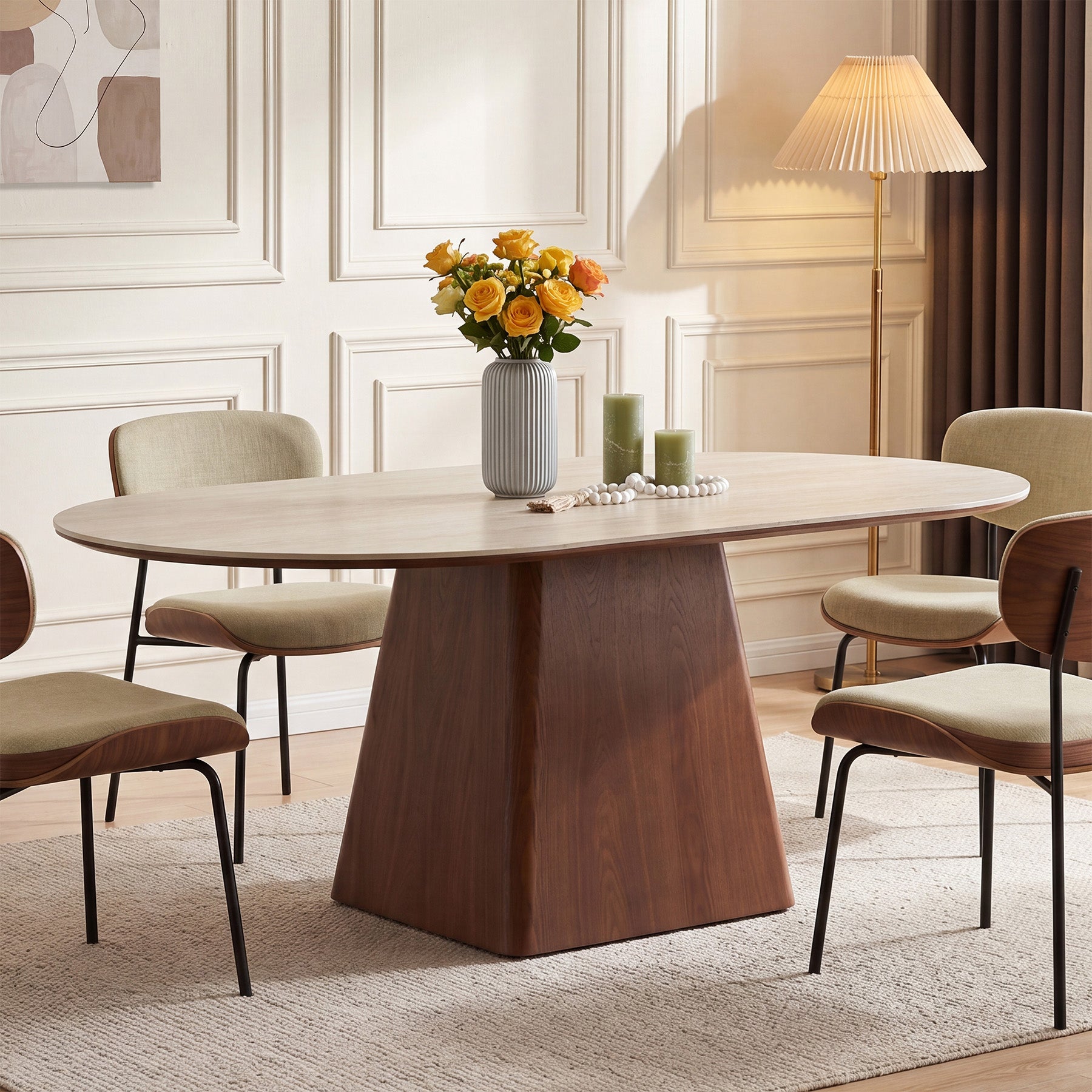 63" Oval Sintered Stone Dining Table with Solid Wood Pedestal Base for 4-6