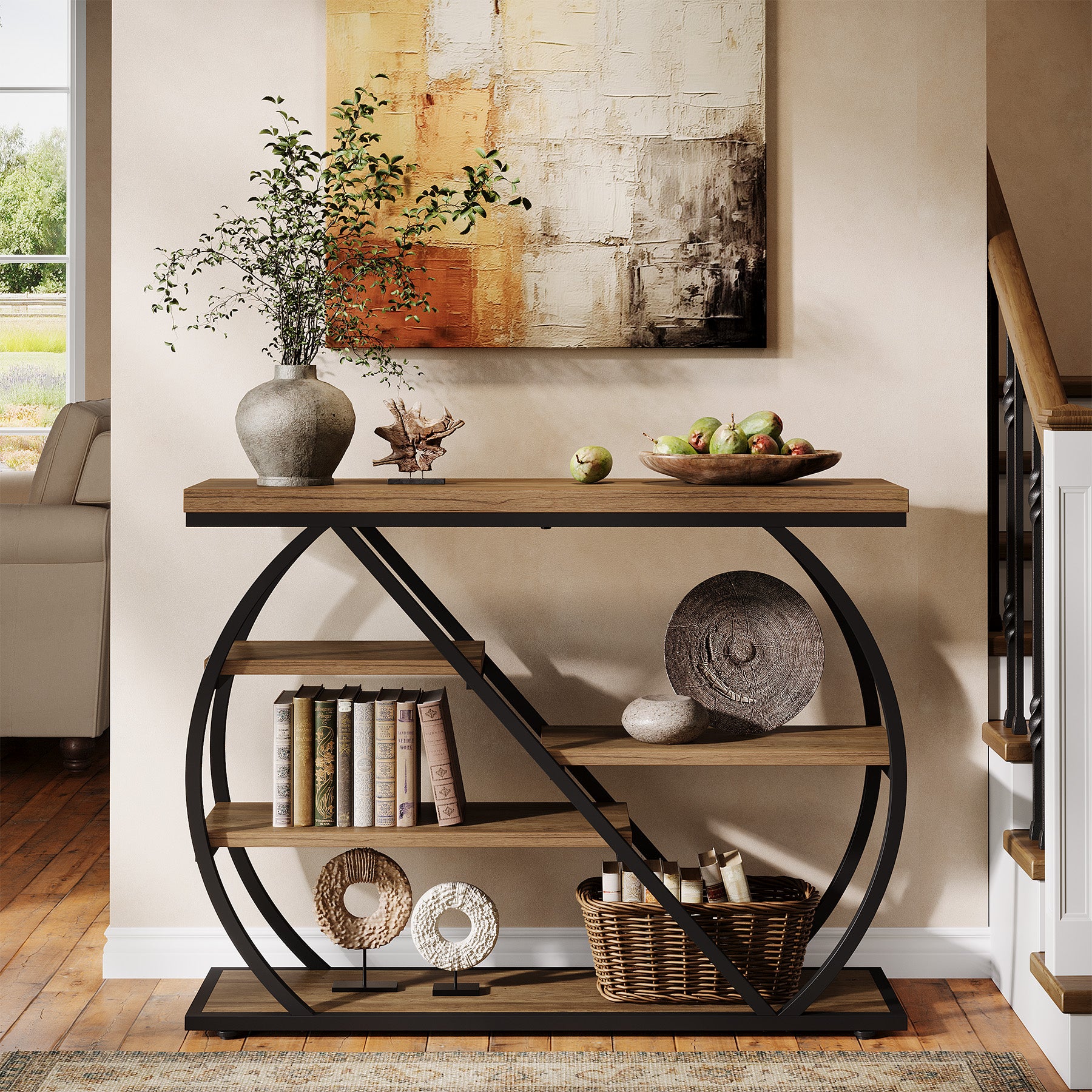 41.3" Industrial Console Table with 5 Staggered Shelves, Arched Metal Frame Entryway & Sofa Table