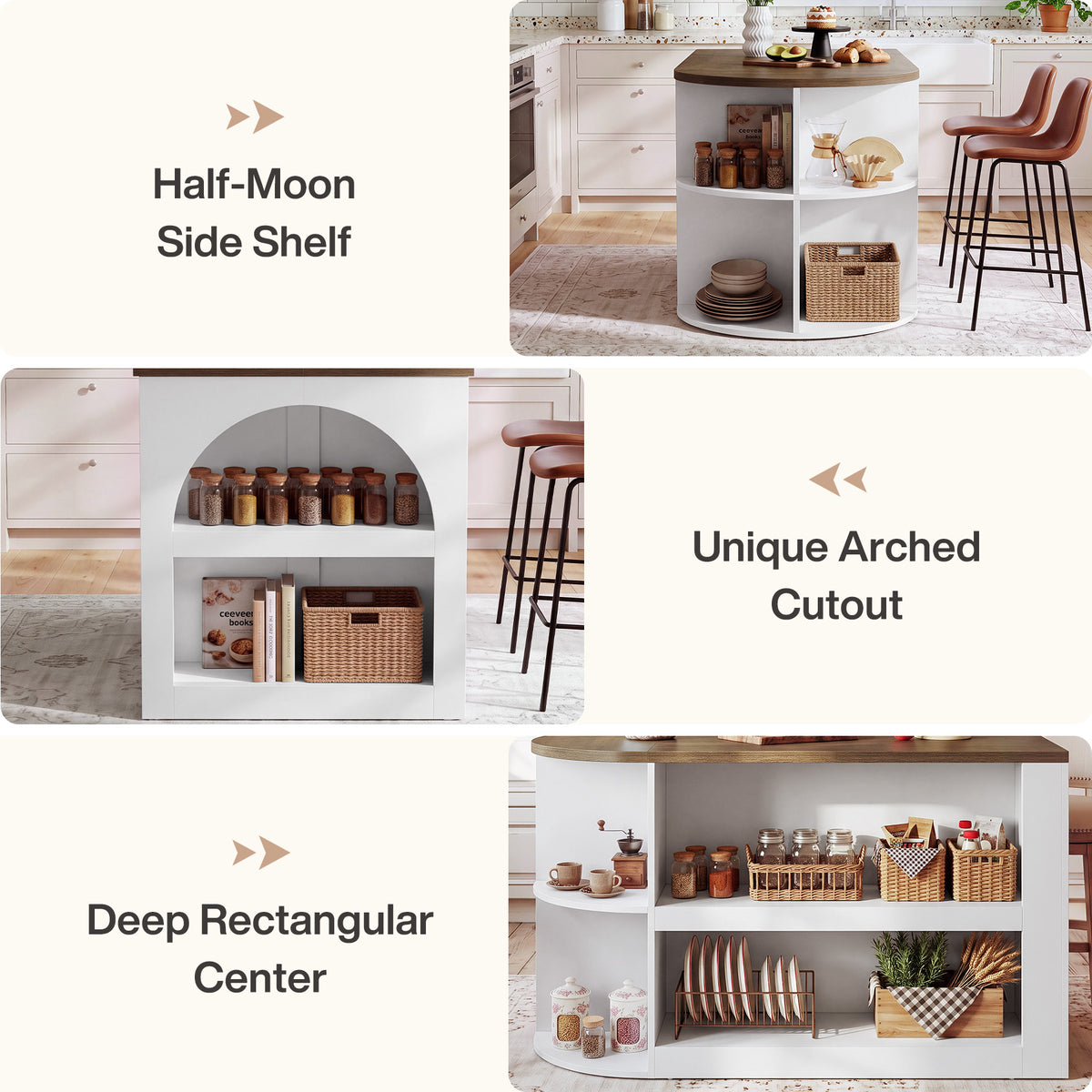 63" Oval Kitchen Island with Storage, Two-Tone Arch Design Bar Table, Prep Table