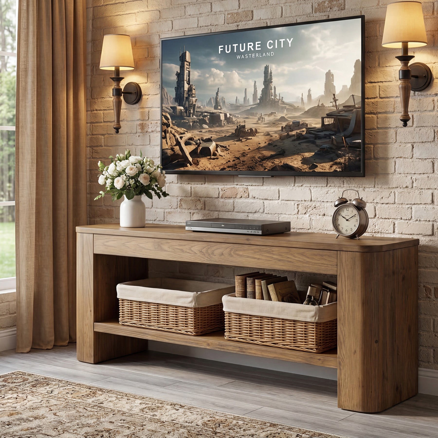 59“ Solid Wood TV Stand for 55–65 Inch TVs, Farmhouse Media Console with Open Shelves for Living Room or Bedroom