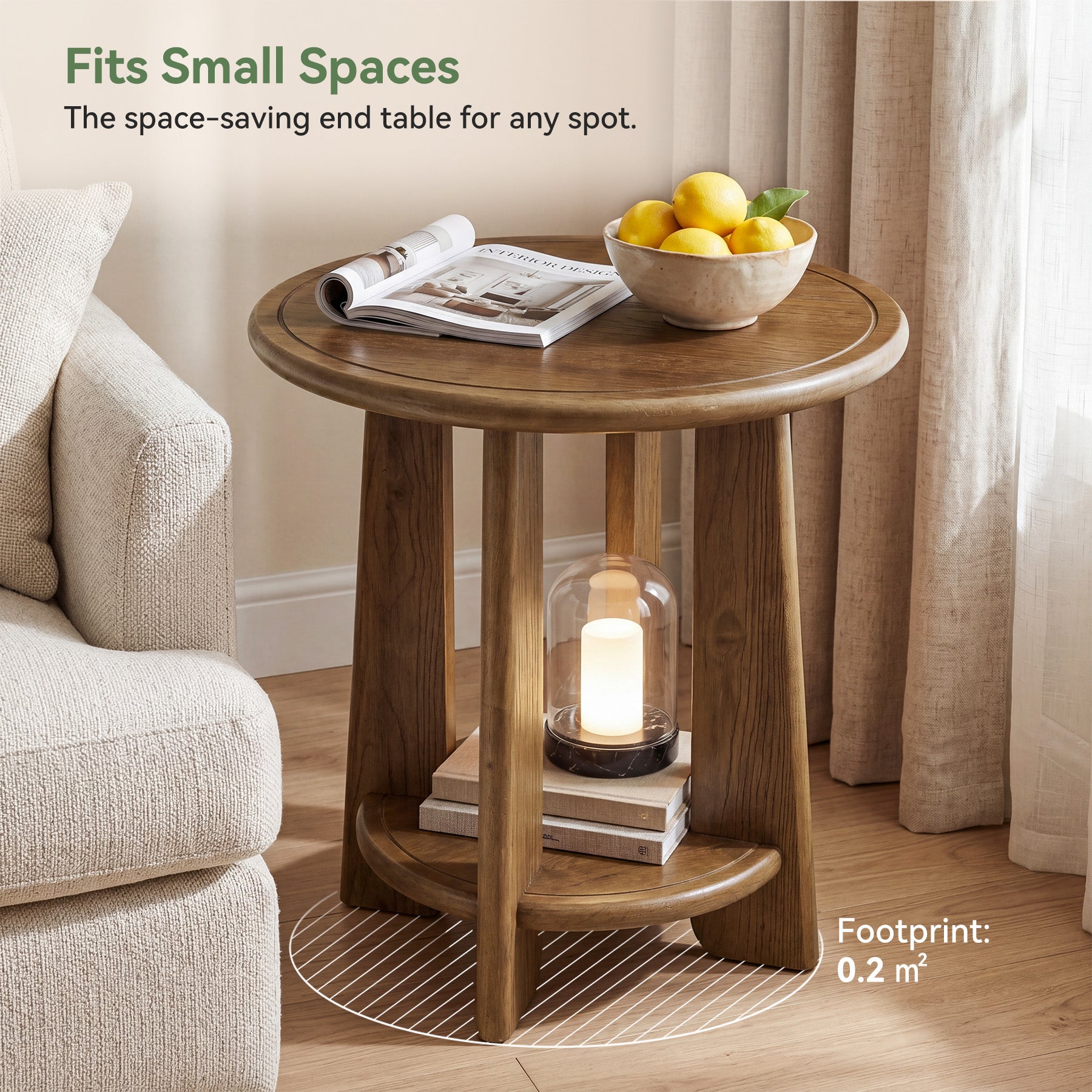 Round Solid Wood End Table, 2-Tier Side Table Nightstand with Shelf for Small Space