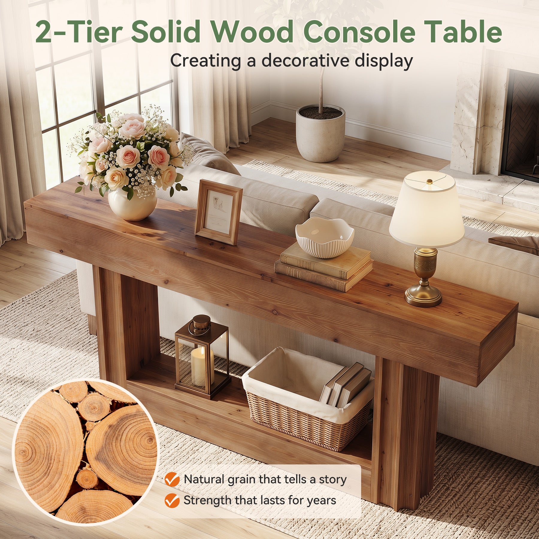 63" Solid Wood Console Table, 2-Tier Farmhouse Sofa Entryway Table with Shelf