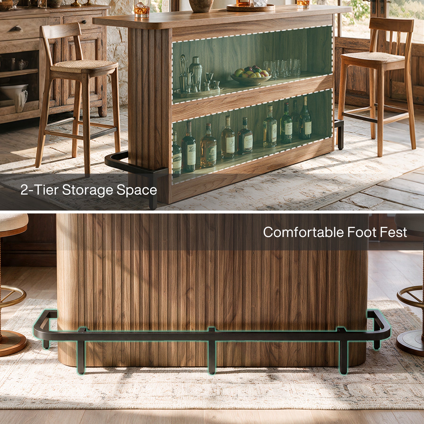 63" Bar Table with Storage Shelves, Modern Mini Home Bar Unit with Metal Footrest