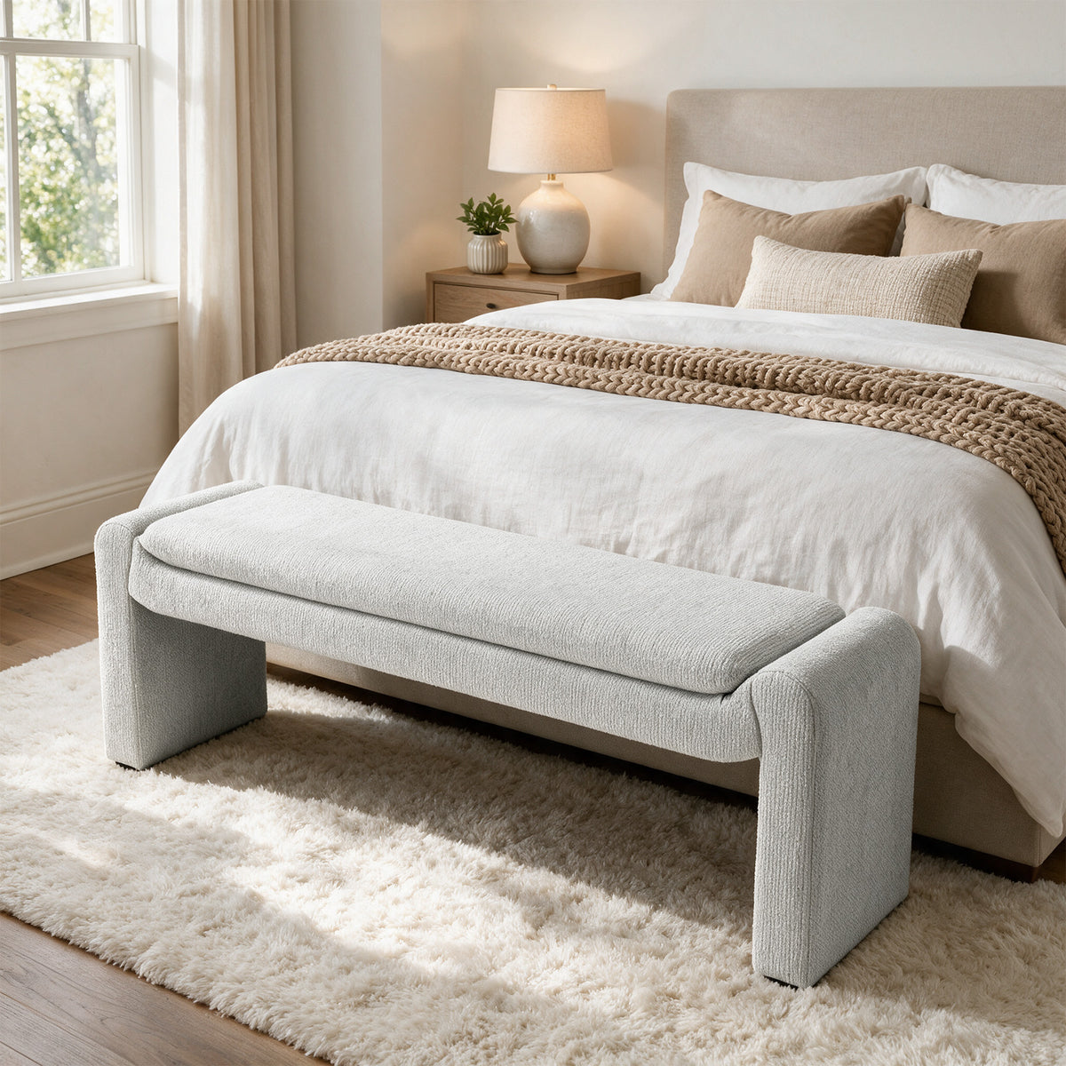 55" Entryway Bench with Chenille Fabric Cushion, Upholstered  End of Bed Bench for 2-3