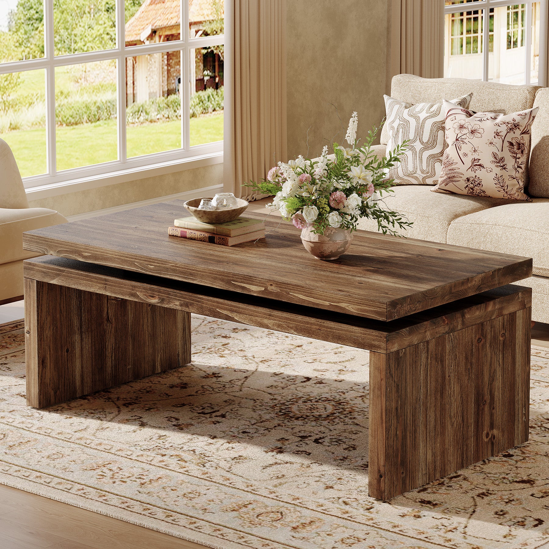 47" Solid Wood Coffee Table, Farmhouse Rectangle Cocktail Table with Thick Tabletop for Living Room