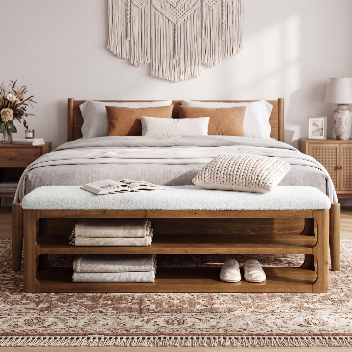63" Solid Wood Bench with Cushion, Upholstered Entryway Shoe Bench with 3-Tier Storage