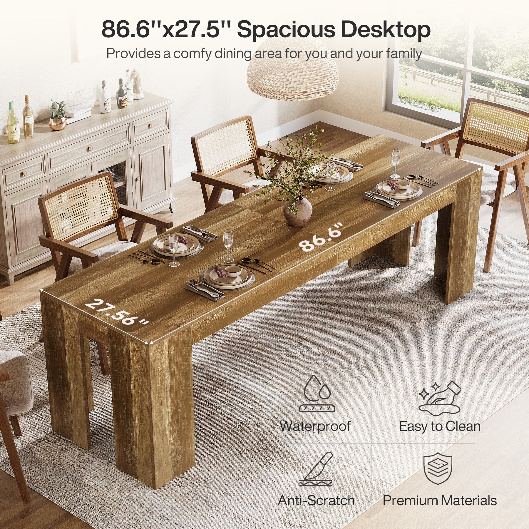 86.6" Long Dining Table, Rectangular Kitchen Table with Sturdy Legs for 6-8 People