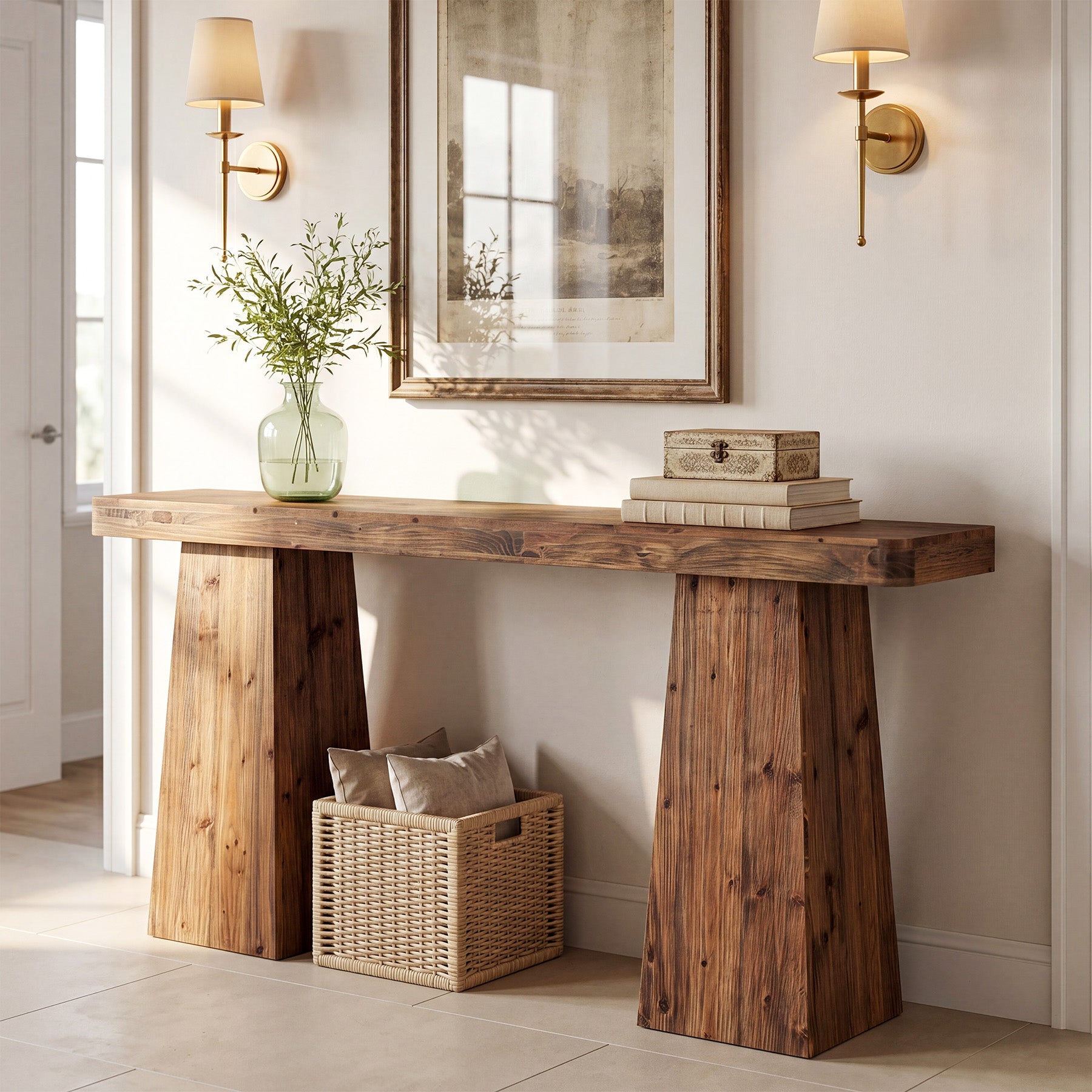 63" Farmhouse Console Table, Solid Wood Sofa Table Behind Couch with Extra-wide Legs