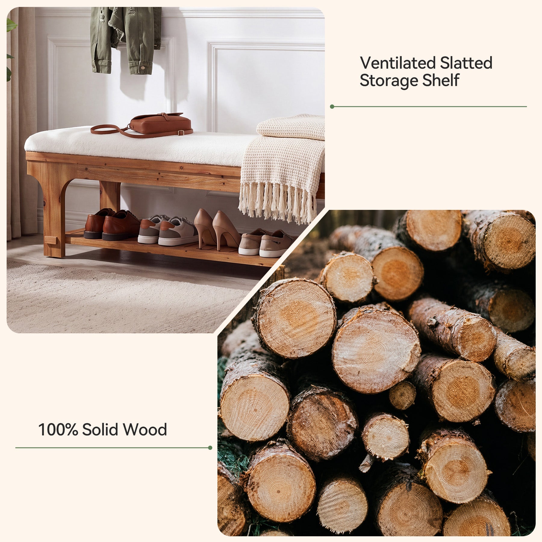 59" Entryway Bench with Boucle Cushion, Slatted Storage Shelf, Rustic Solid Wood, Hallway