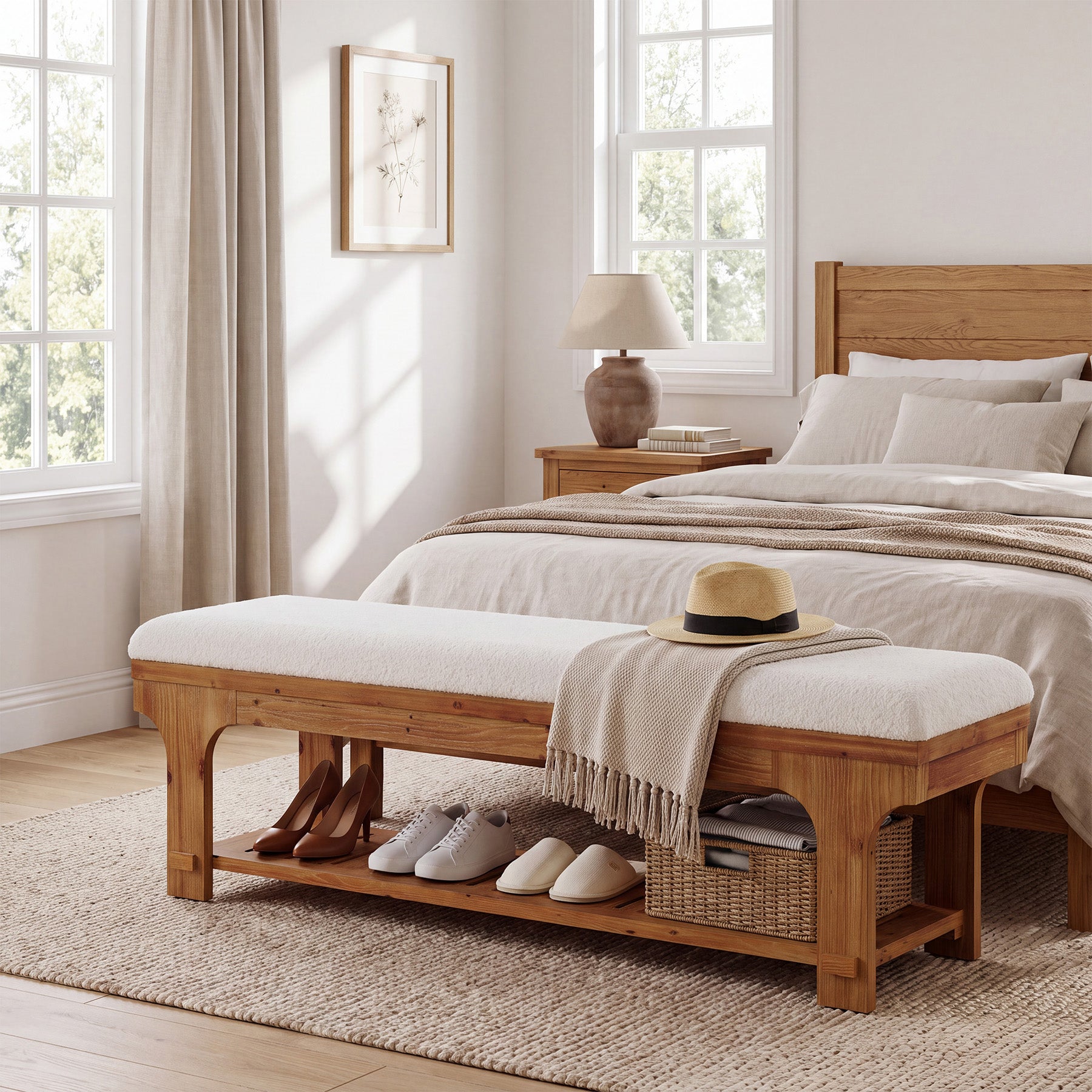 59" End of Bed Bench with Boucle Cushion & Storage Shelf, Rustic Solid Wood, Bedroom Hallway
