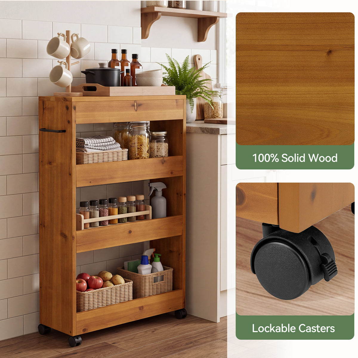 Solid Wood Kitchen Cart, Rolling Kitchen Trolley with 4-Tier Storage for Small Spaces