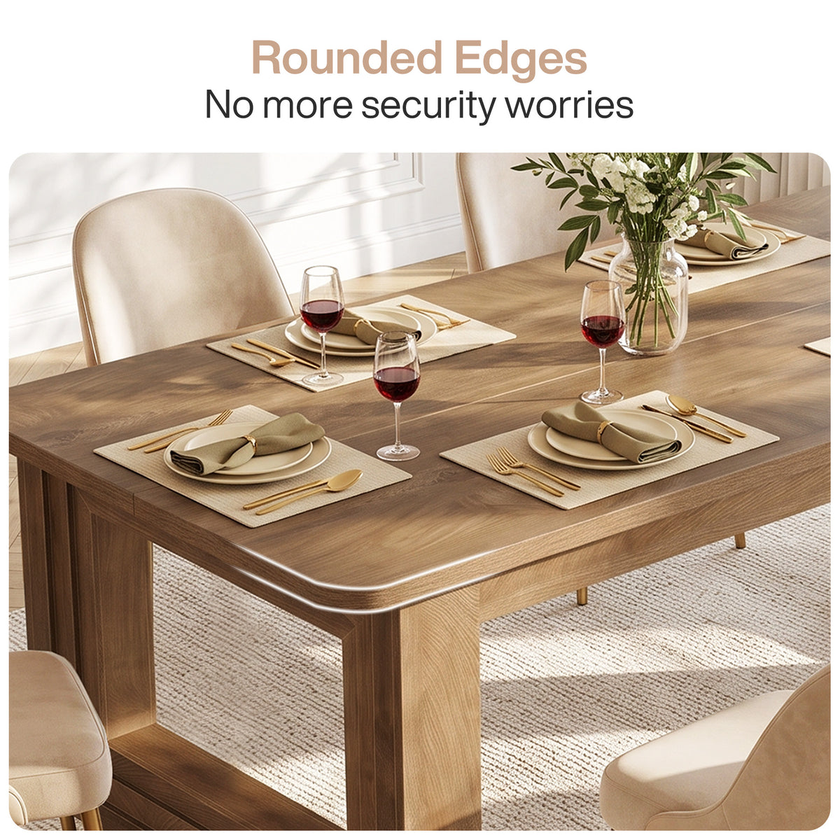 63" Dining Table for 4-6, Rectangular Kitchen Table with Rounded Edges & Sturdy Base