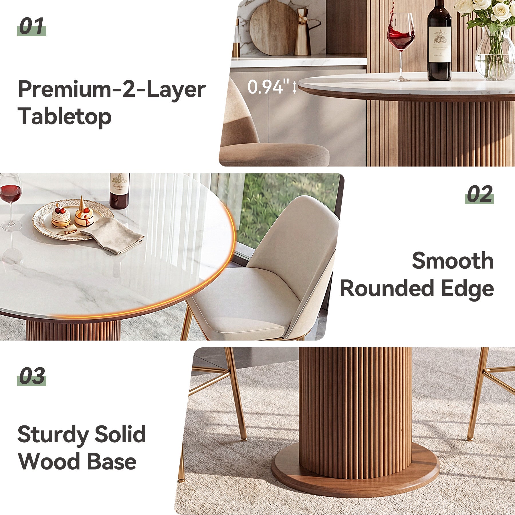 31.5" Round Bar Table, Marble Pub Table with Fluted Solid Wood Pedestal Base for 2
