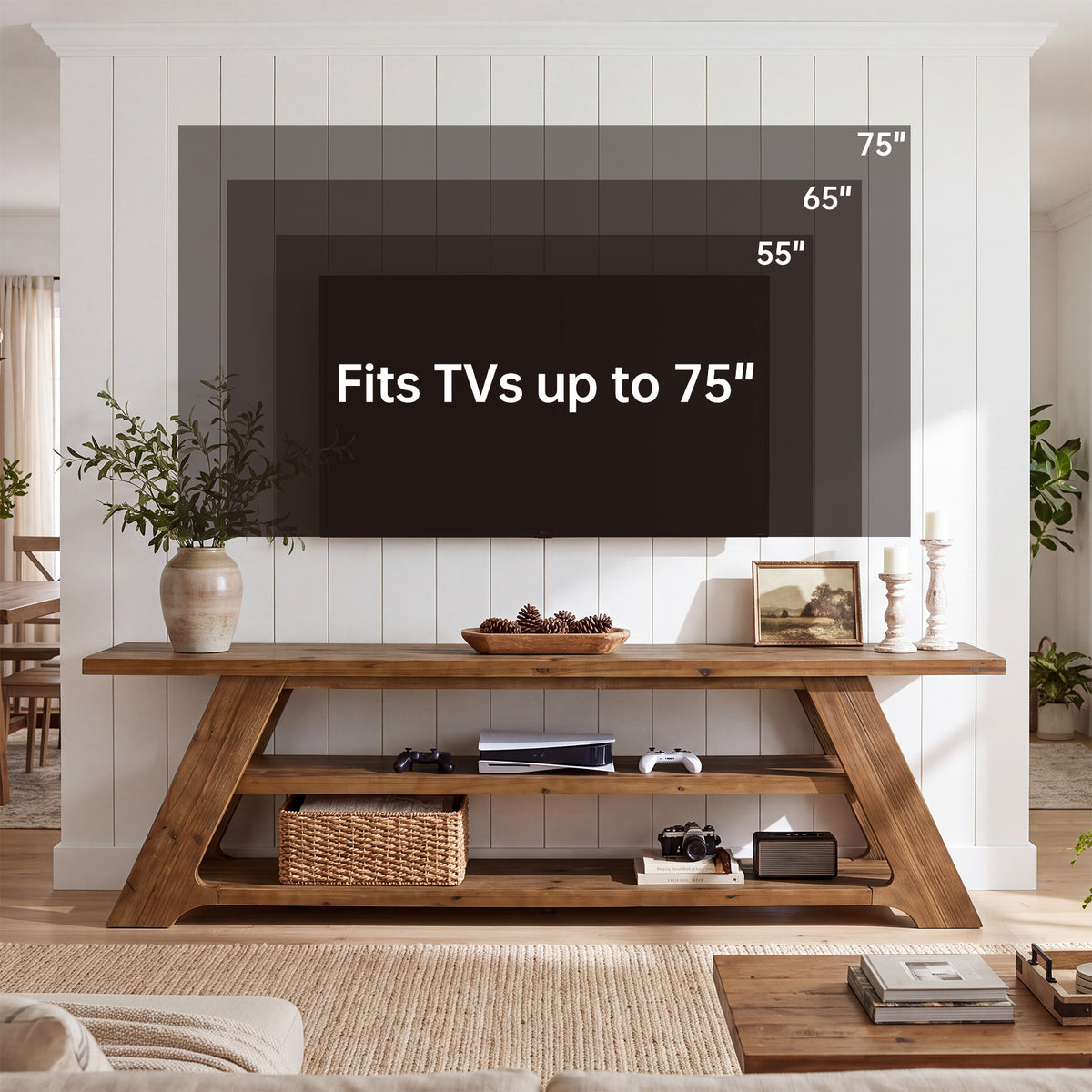 70.87" Solid Wood TV Stand Fits 75"TVs, 3-Tier Entertainment Center for Living Room