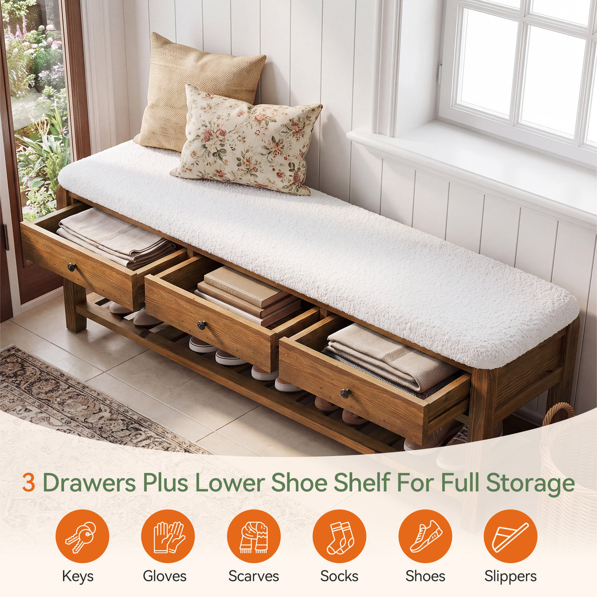 55" Solid Wood Entryway Bench with Cushion, 3 Drawers & Slatted Lower Shelf for Bedroom, Hallway