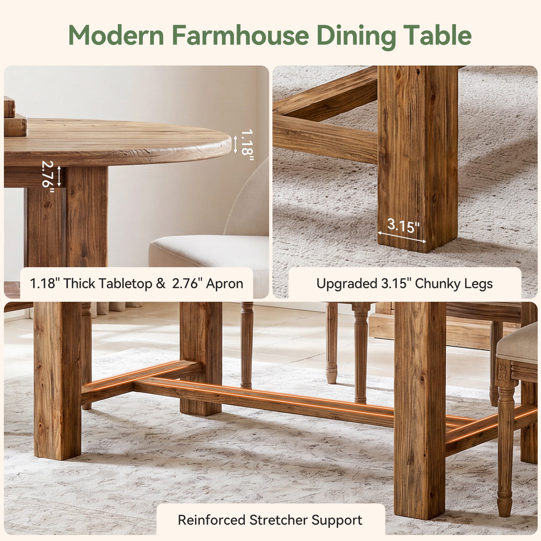 63" Solid Wood Dining Table for 4-6, Oval Farmhouse Kitchen Table with Chunky Legs