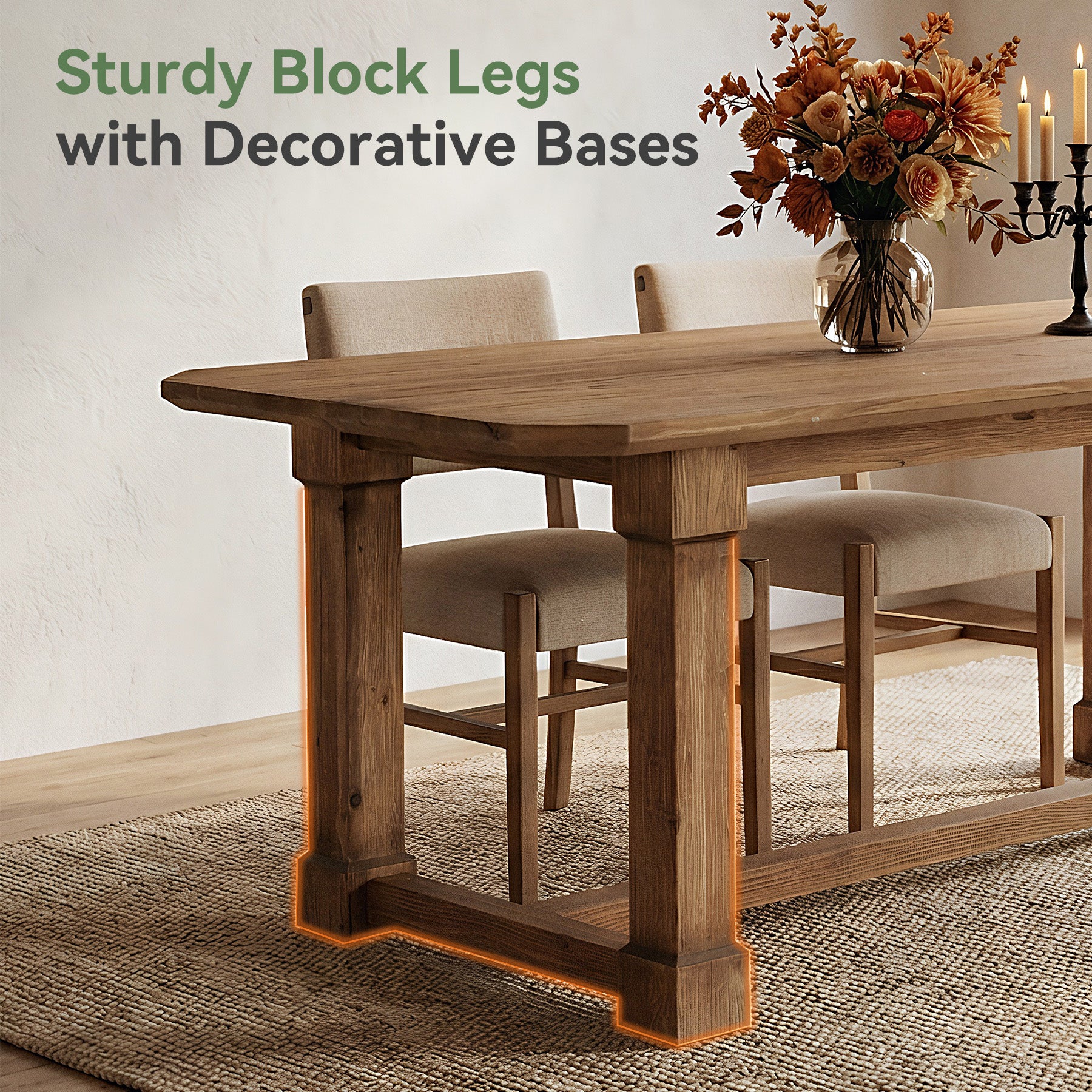 63" Solid Wood Dining Table for 4–6, Farmhouse Rectangular Kitchen Table with Heavy-Duty Legs & Crossbar Support