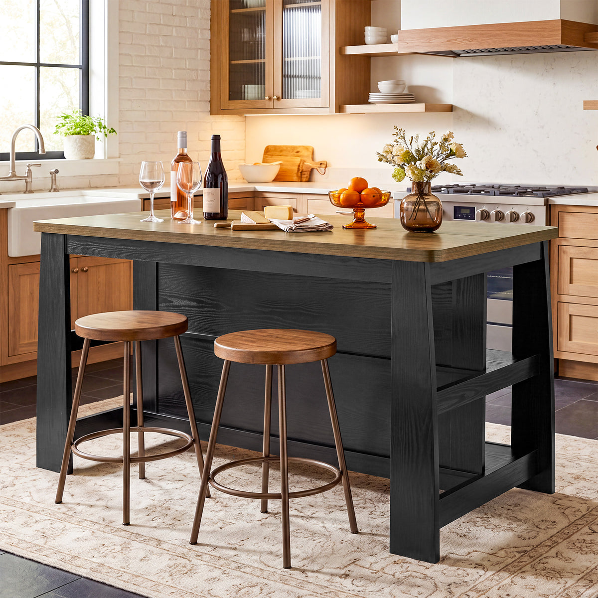 55" Farmhouse Wooden Kitchen Island with Seating Space & 2-Tier Open Storage