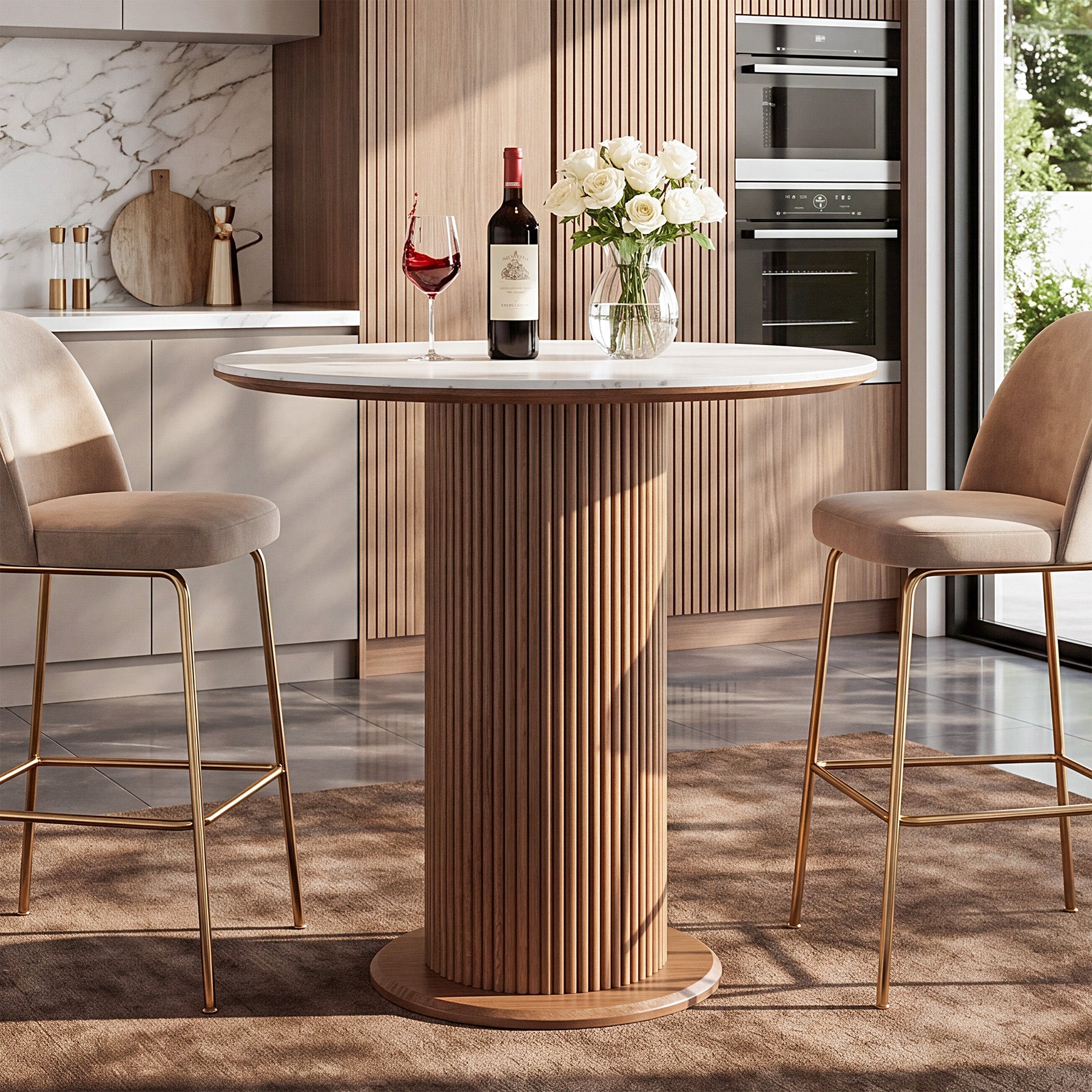 31.5" Round Bar Table, Marble Pub Table with Fluted Solid Wood Pedestal Base for 2