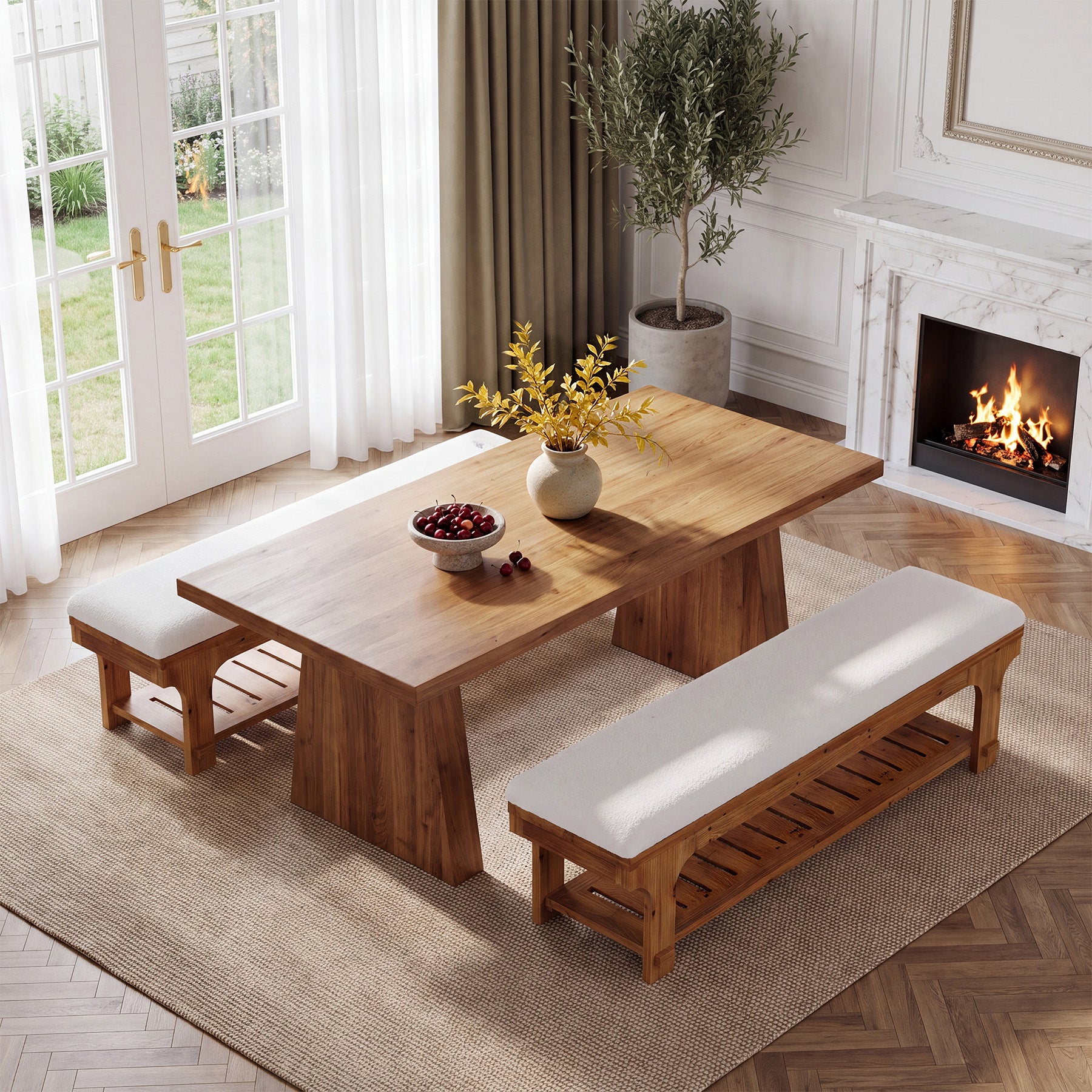 59" End of Bed Bench with Boucle Cushion & Storage Shelf, Rustic Solid Wood, Bedroom Hallway