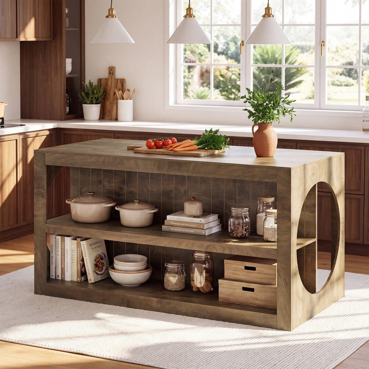 63" Farmhouse Kitchen Island with Seating, 3-Tier Storage, Large Countertop, Dining Room Table