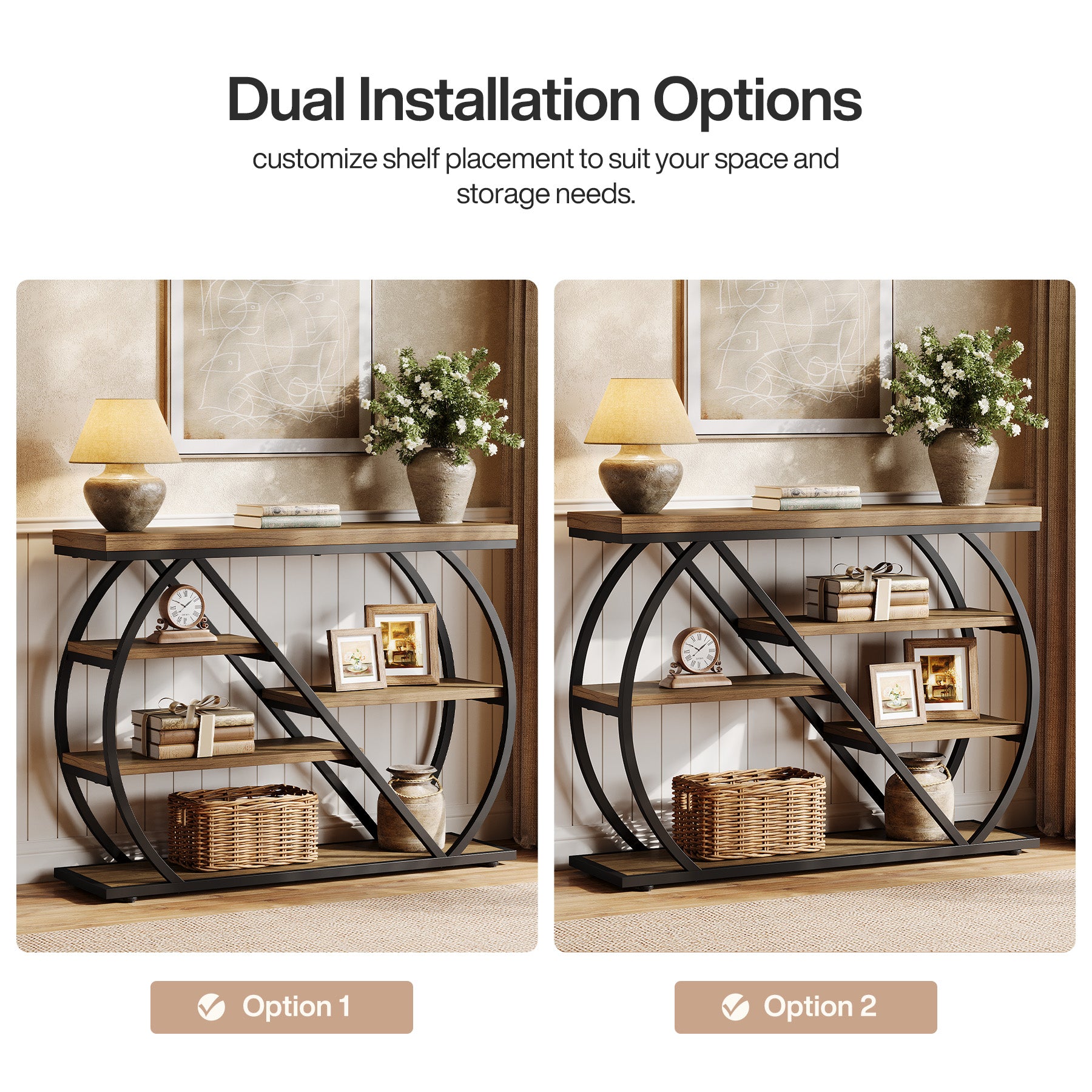 41.3" Industrial Console Table with 5 Staggered Shelves, Arched Metal Frame Entryway & Sofa Table