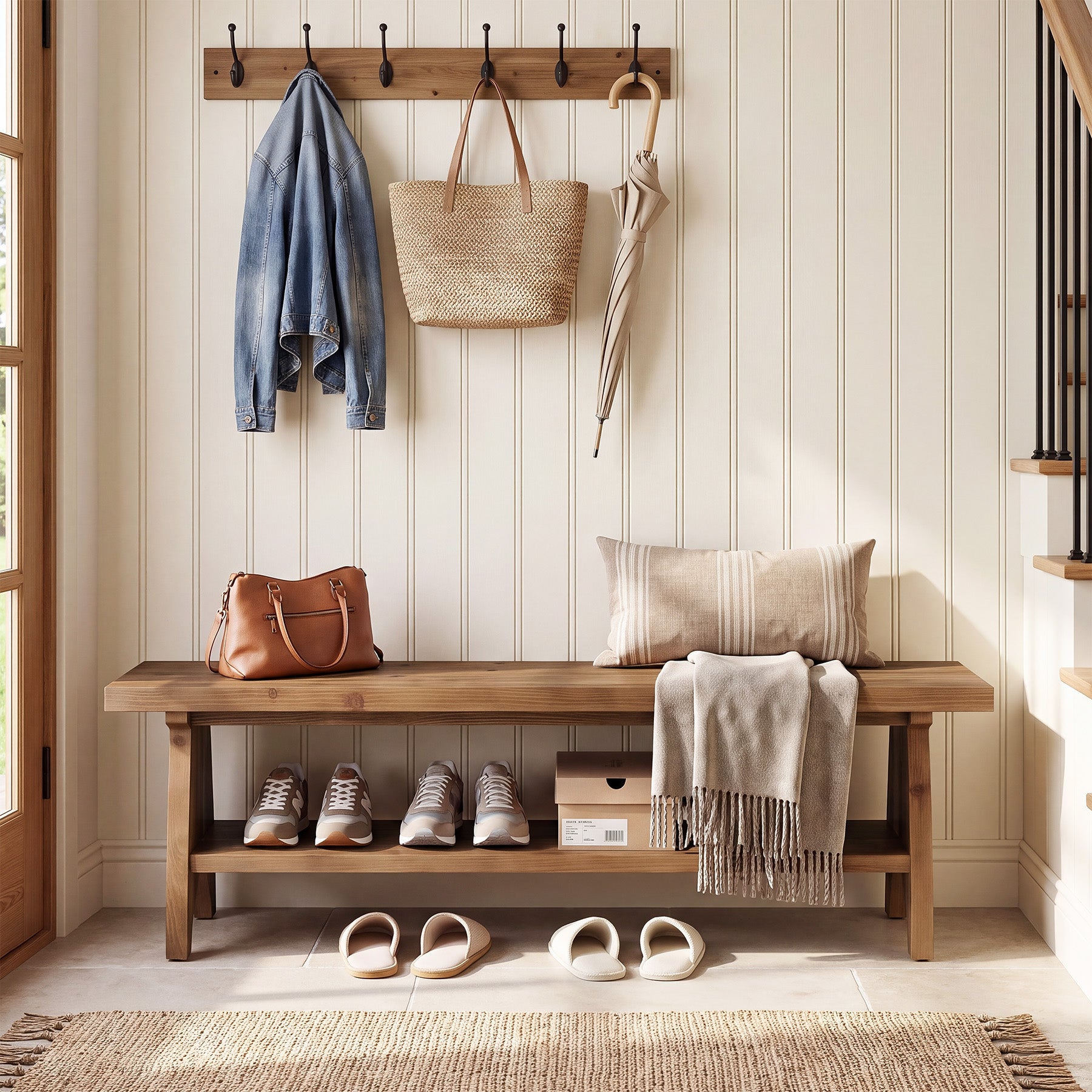 55" Farmhouse Entryway Bench with Shoe Storage & Open Shelf, Solid Wood, Hallway