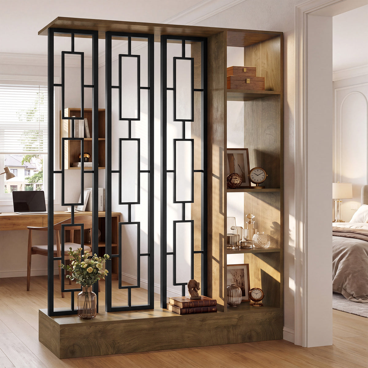 71" Room Divider with Shelves, Freestanding Living Room Storage Partition