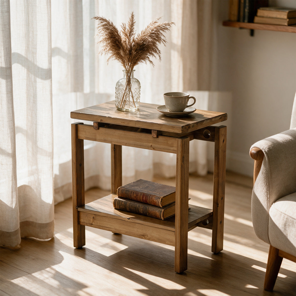 24" Narrow Solid Wood 2-Tier End Table, Small Nightstand Bedside Table, Bedroom