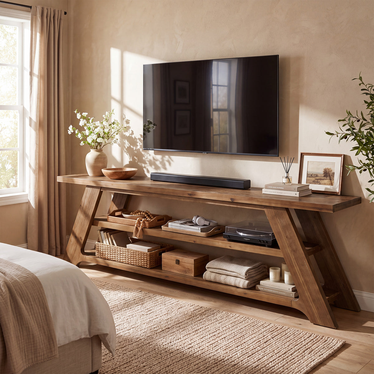 70.87" Solid Wood TV Stand Fits 75"TVs, 3-Tier Entertainment Center for Living Room