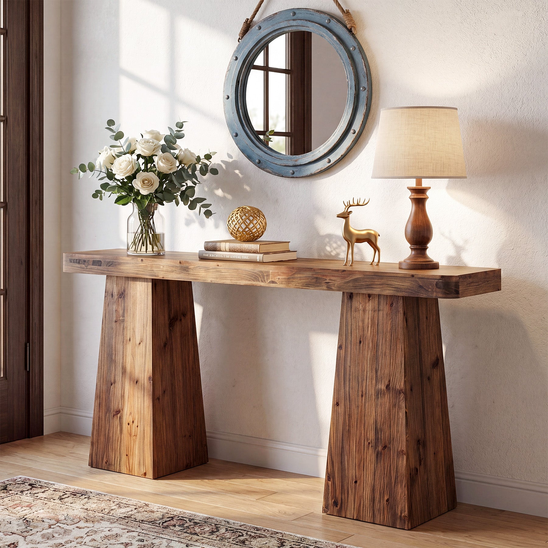 63" Farmhouse Console Table, Solid Wood Sofa Table Behind Couch with Extra-wide Legs