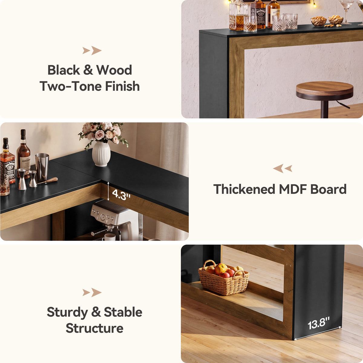 L-Shaped Bar Table, Modern Counter-Height Table with Storage Shelves for kitchen