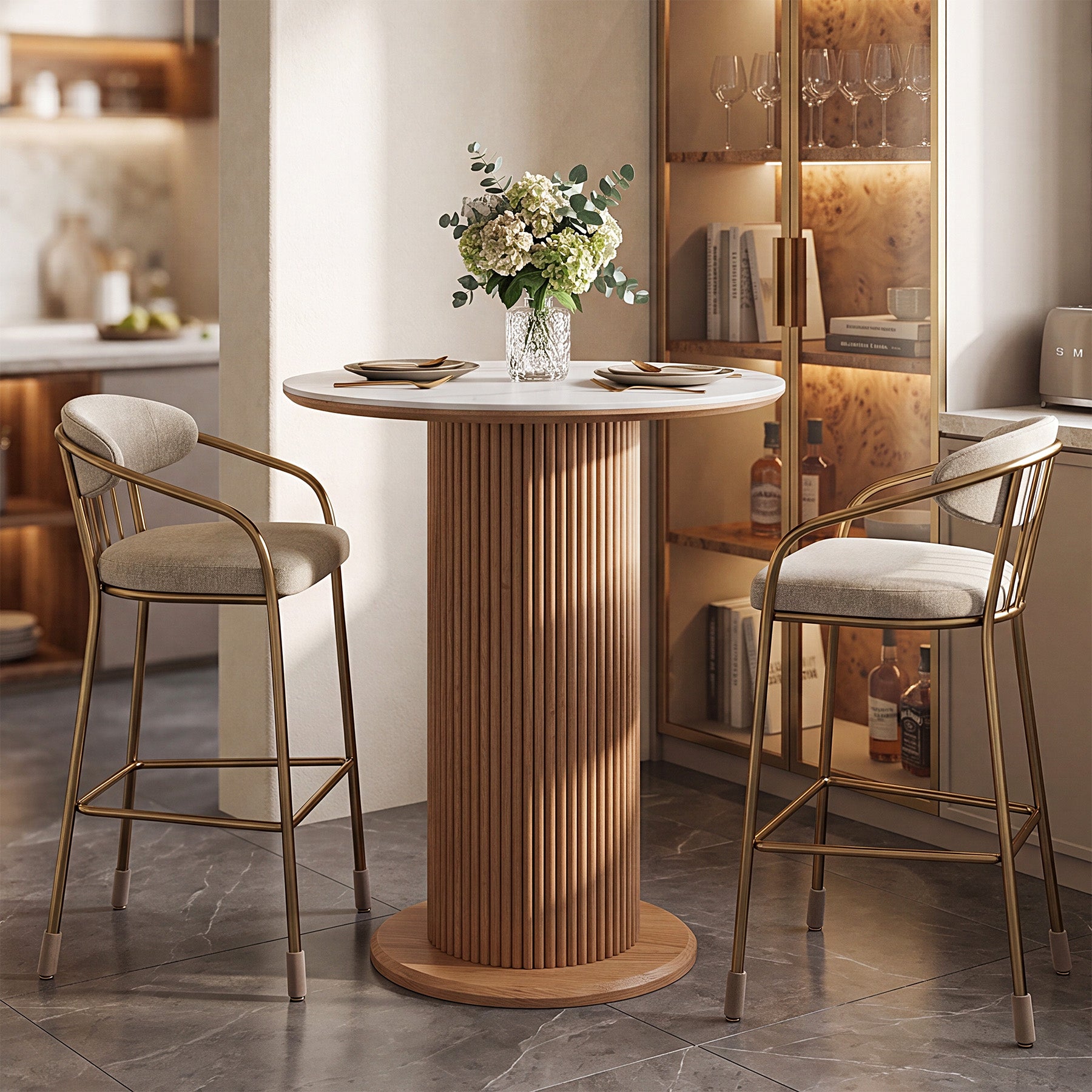 31.5" Round Dining Table, Marble Kitchen Table with Sintered Stone Tabletop & Solid Wood Pedestal