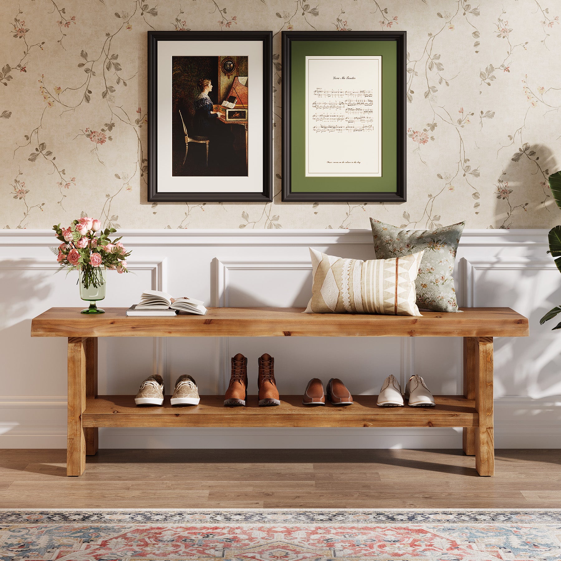 55" Shoe Bench, Solid Wood Entryway Bench End of Bed Stool with Lower Shelf