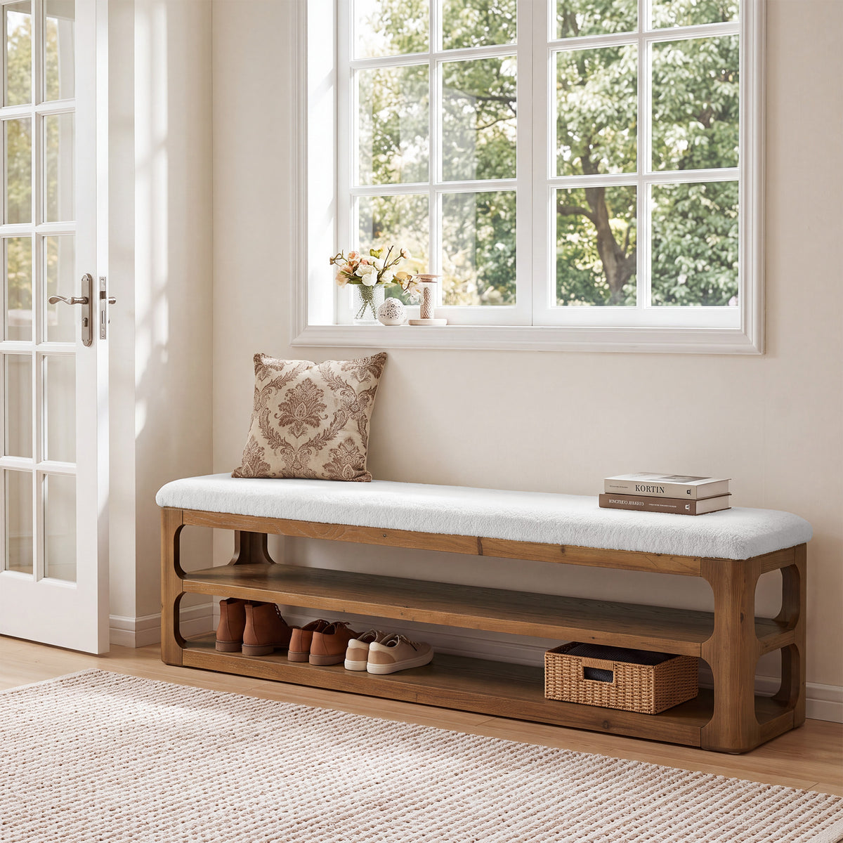 63" Solid Wood Bench with Cushion, Upholstered Entryway Shoe Bench with 3-Tier Storage