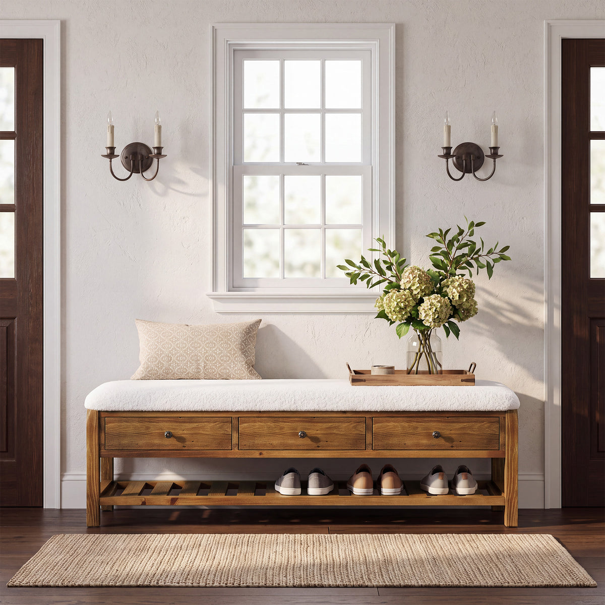 55" Solid Wood Entryway Bench with Cushion, 3 Drawers & Slatted Lower Shelf for Bedroom, Hallway