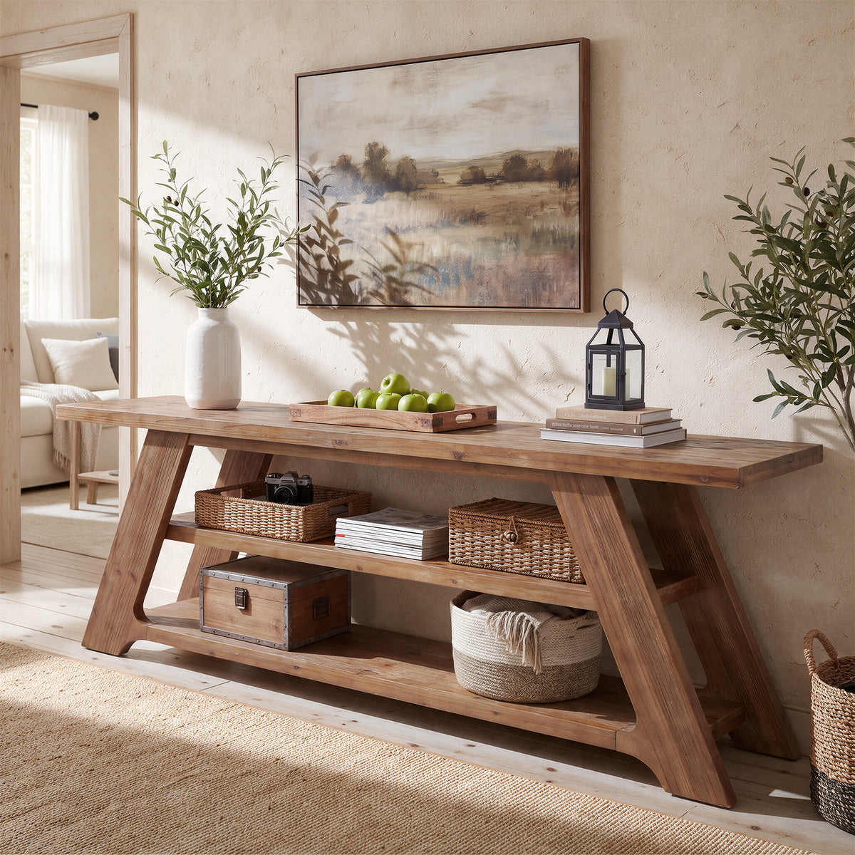 70.87" Solid Wood Console Table, 3-Tier Entryway Table Sofa Table for Living Room