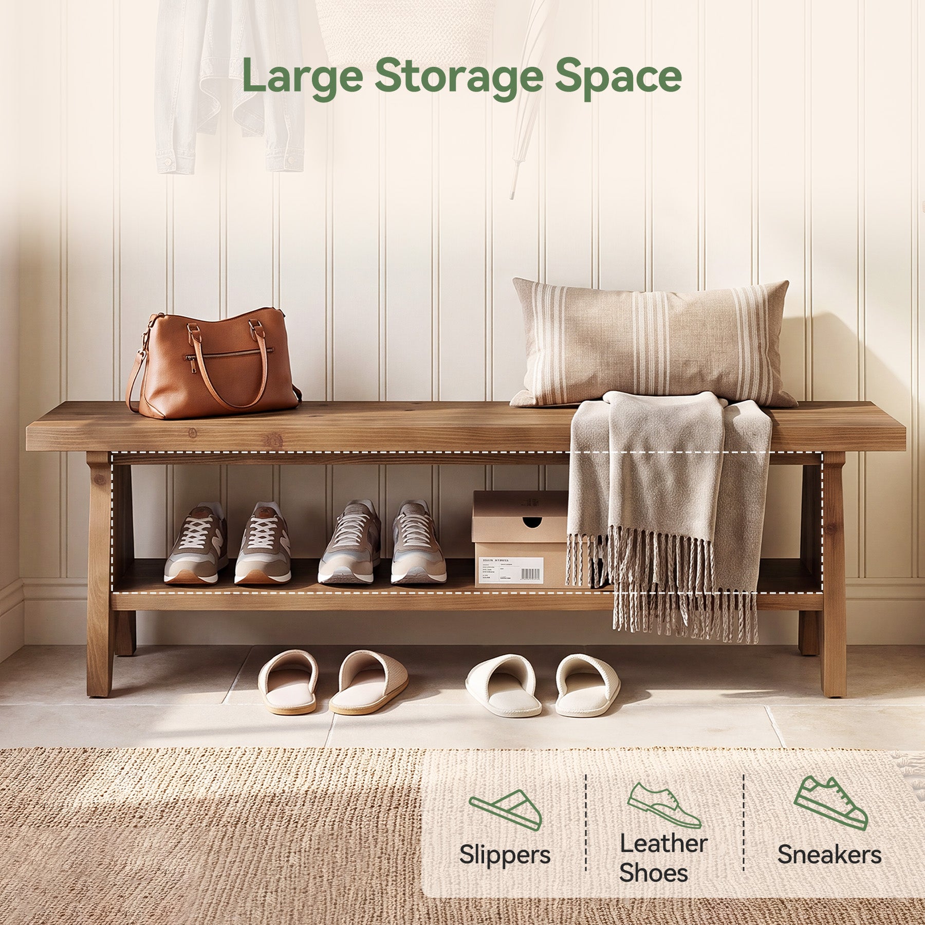 55" Farmhouse Entryway Bench with Shoe Storage & Open Shelf, Solid Wood, Hallway
