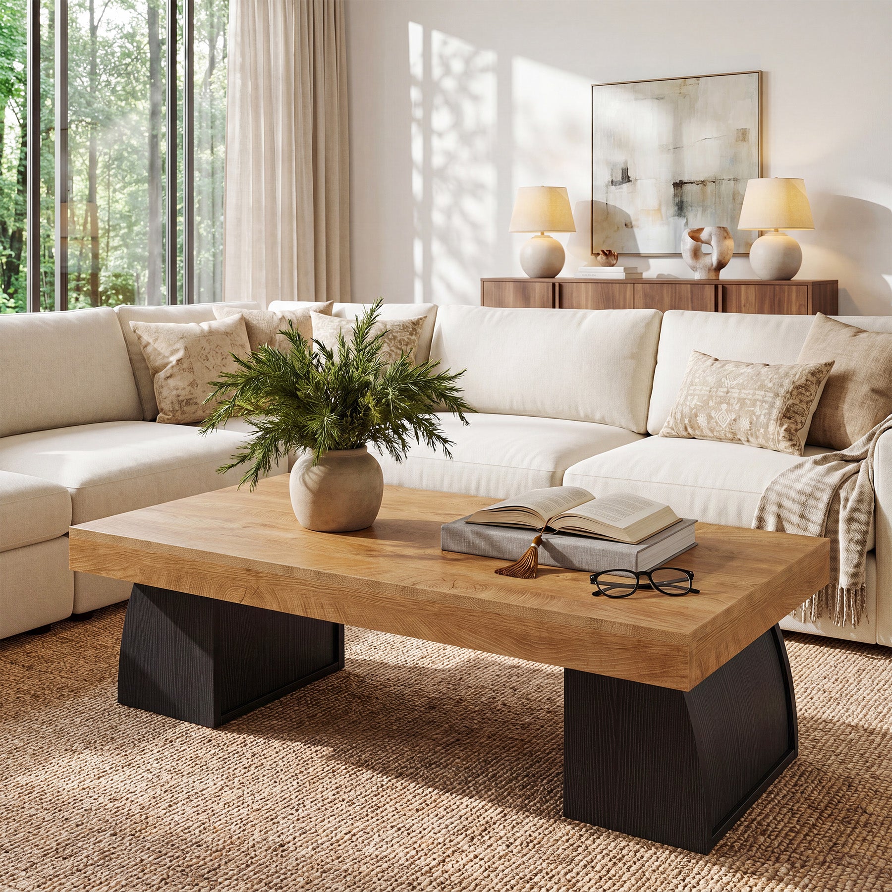 55.1" Coffee Table, Rectangular Center Cocktail Table with Curved Base for Living Room