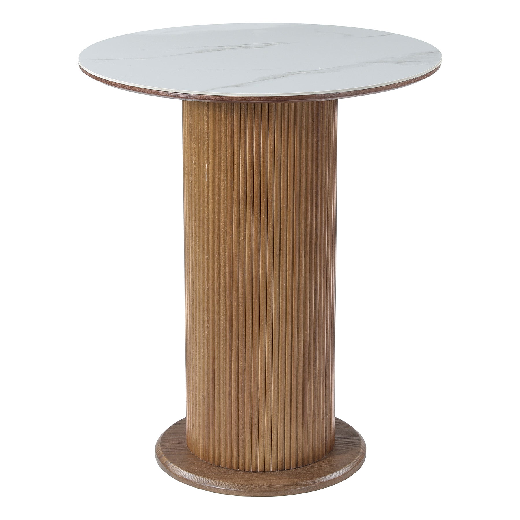 31.5" Round Bar Table, Marble Pub Table with Fluted Solid Wood Pedestal Base for 2