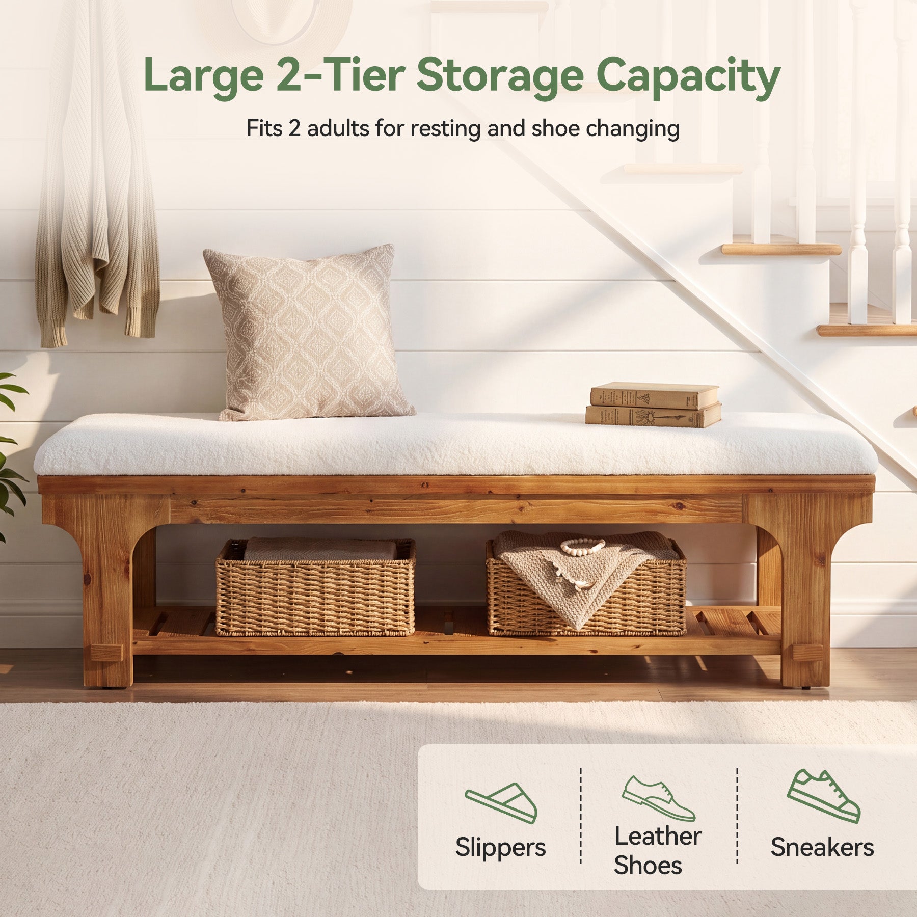 59" Entryway Bench with Boucle Cushion, Slatted Storage Shelf, Rustic Solid Wood, Hallway