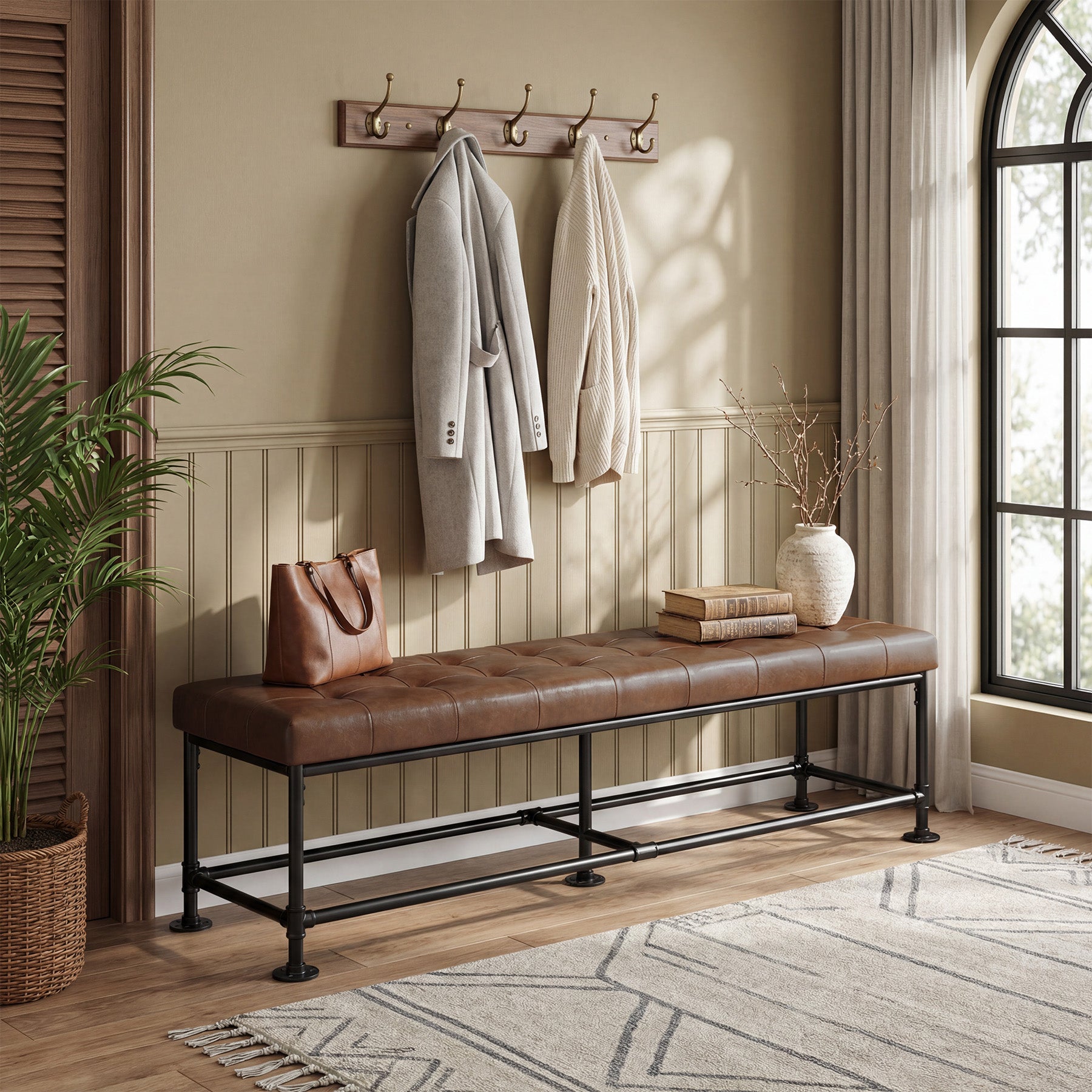 63" Upholstered Entryway Bench with Faux Leather Cushion, Industrial Shoe Bench for Hallway, Foyer & Living Room