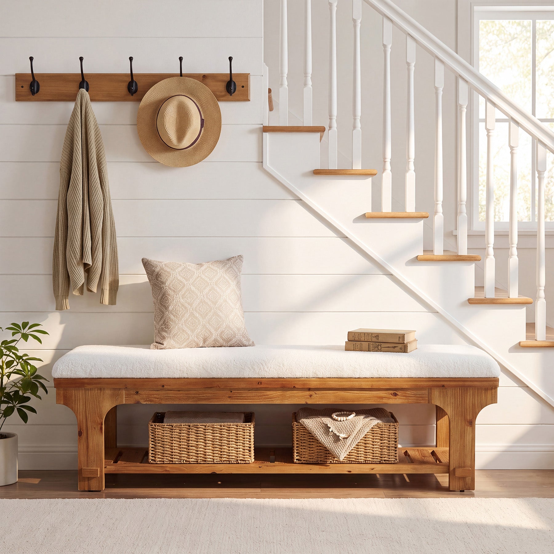 59" Entryway Bench with Boucle Cushion, Slatted Storage Shelf, Rustic Solid Wood, Hallway