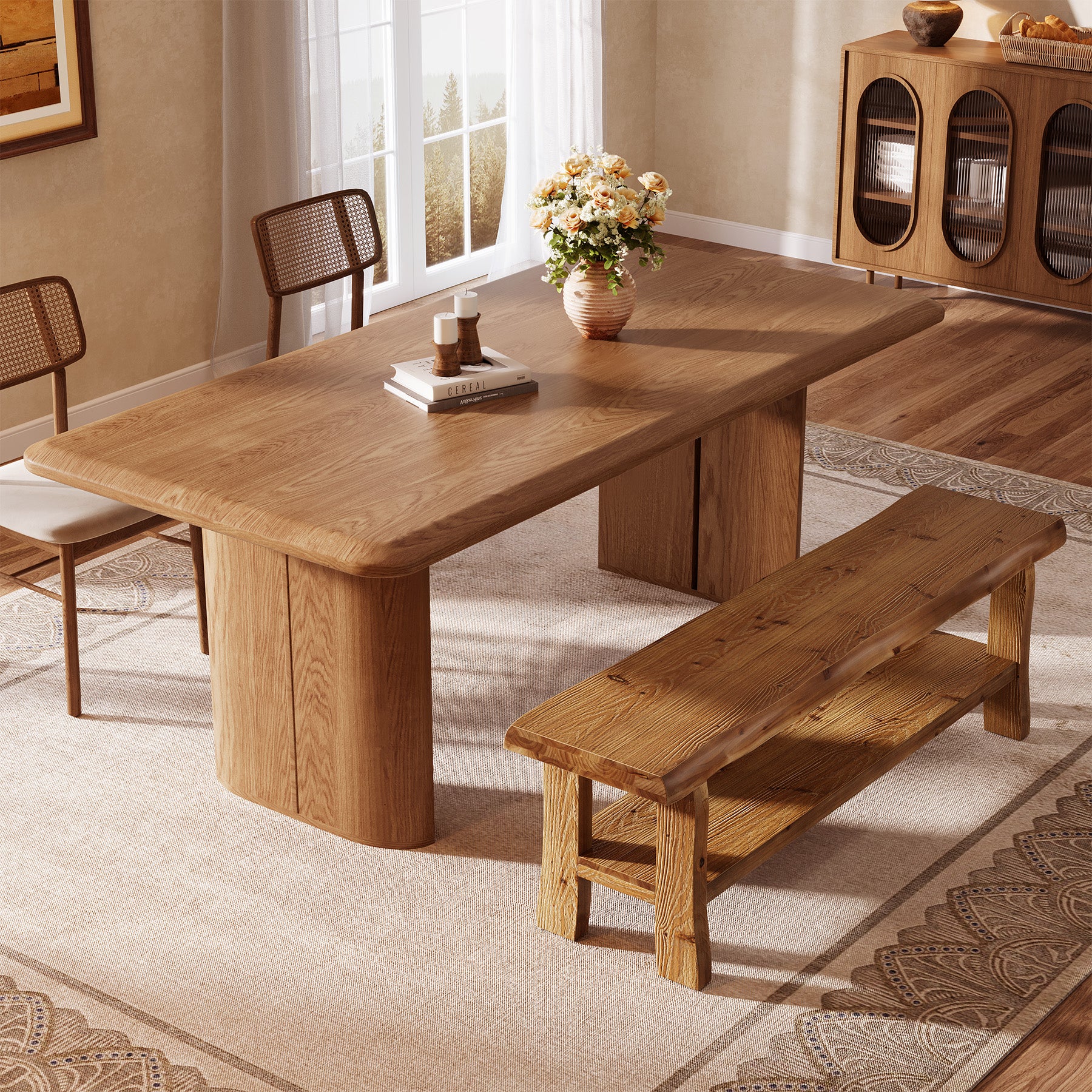 Solid Wood Dining Bench, 55" Farmhouse Kitchen Bench with Storage