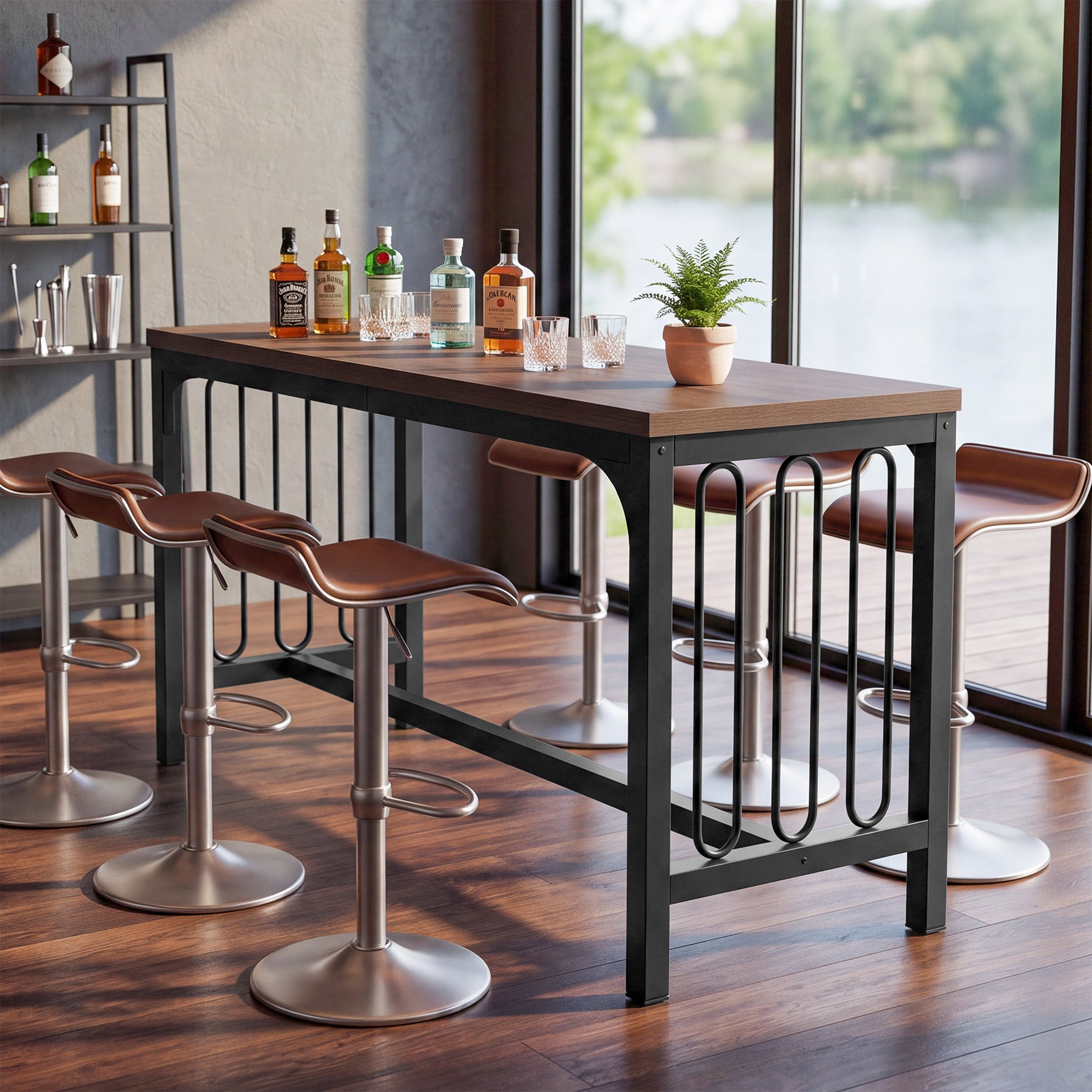 63" Bar Table, Industrial Counter-Height Pub Table with Metal Frame for Home Bar