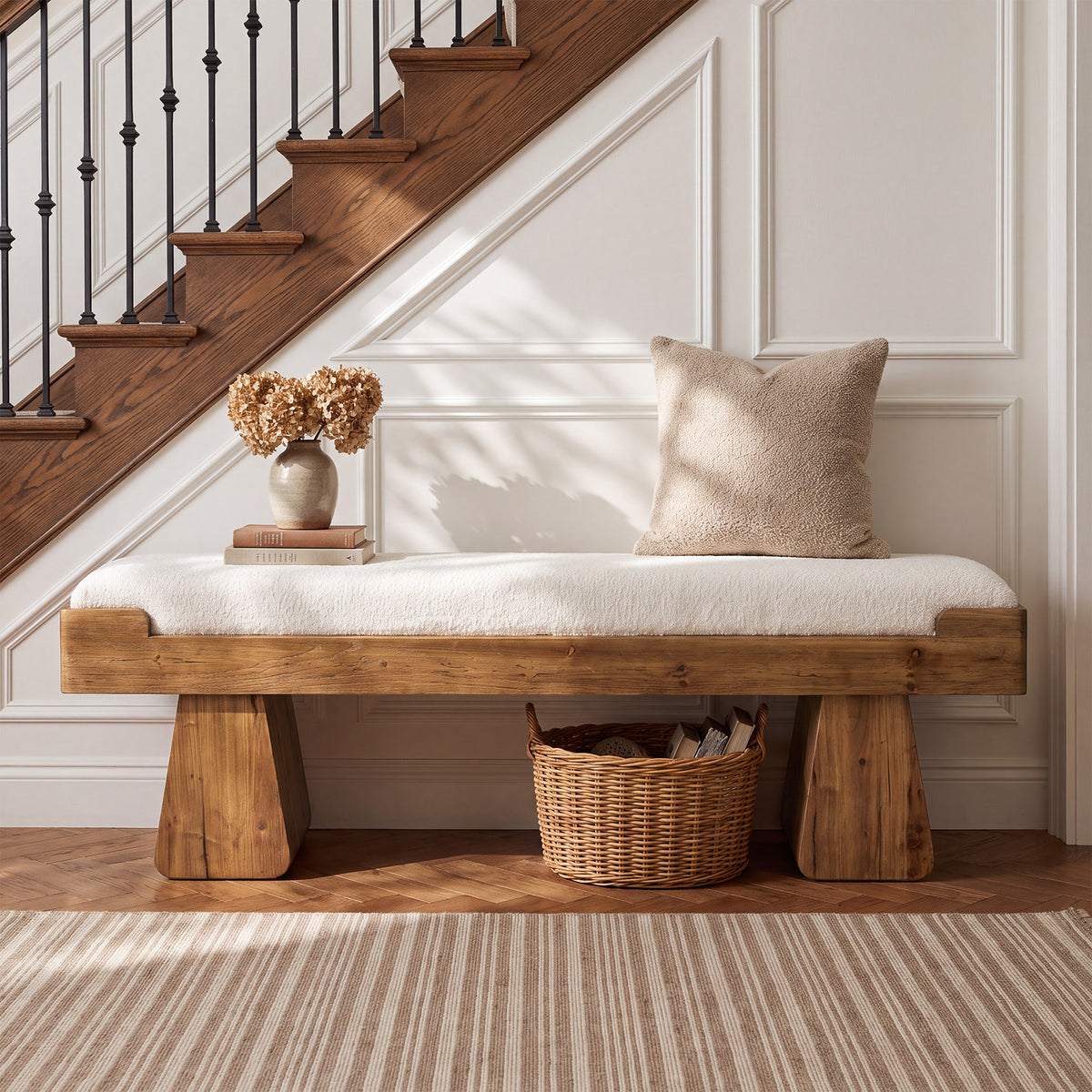 55" Upholstered Solid Wood Entryway Bench, Farmhouse Shoe Bench with Cushion for Hallway
