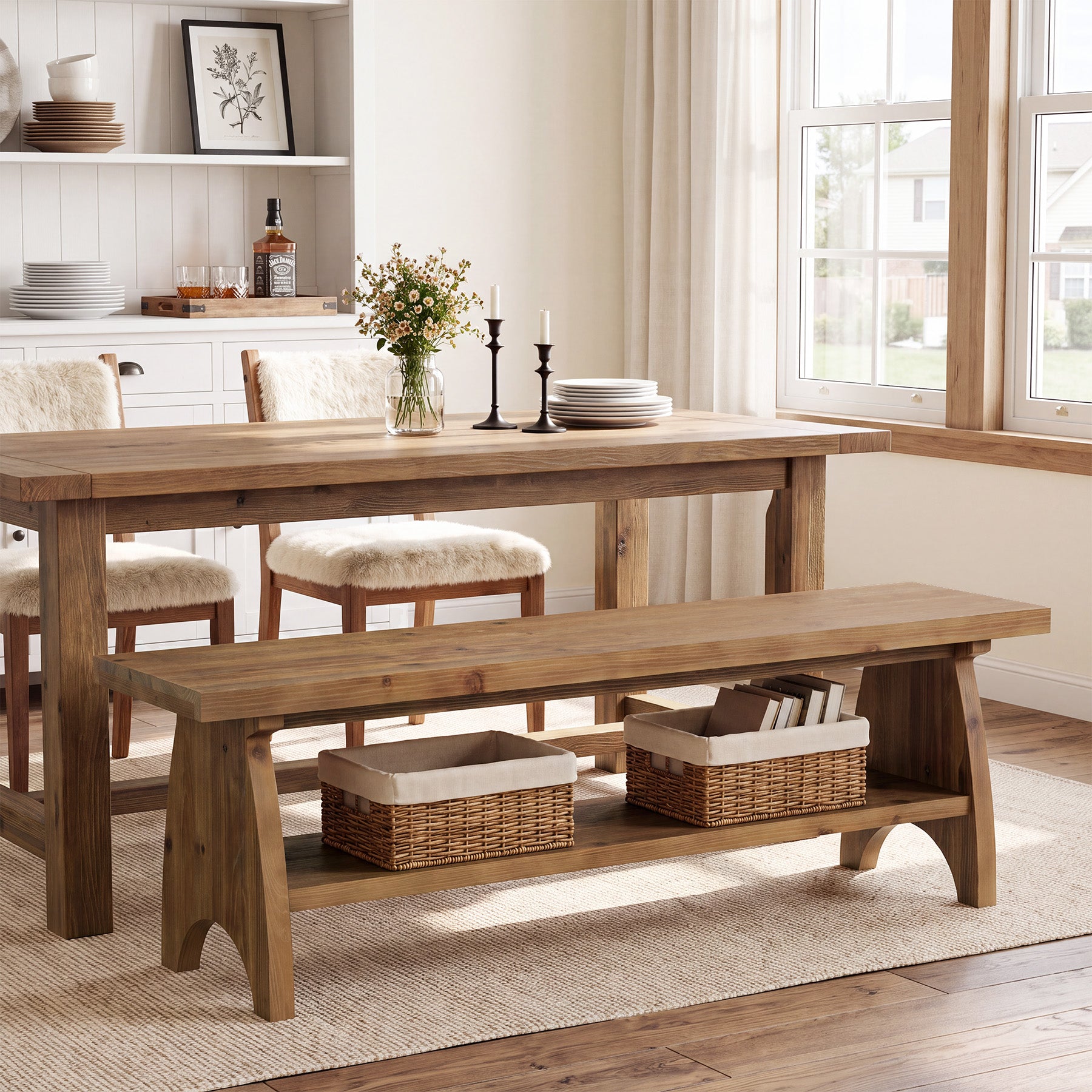 55" Farmhouse Dining Bench, Open Storage Shelf, Solid Wood Kitchen Table Bench