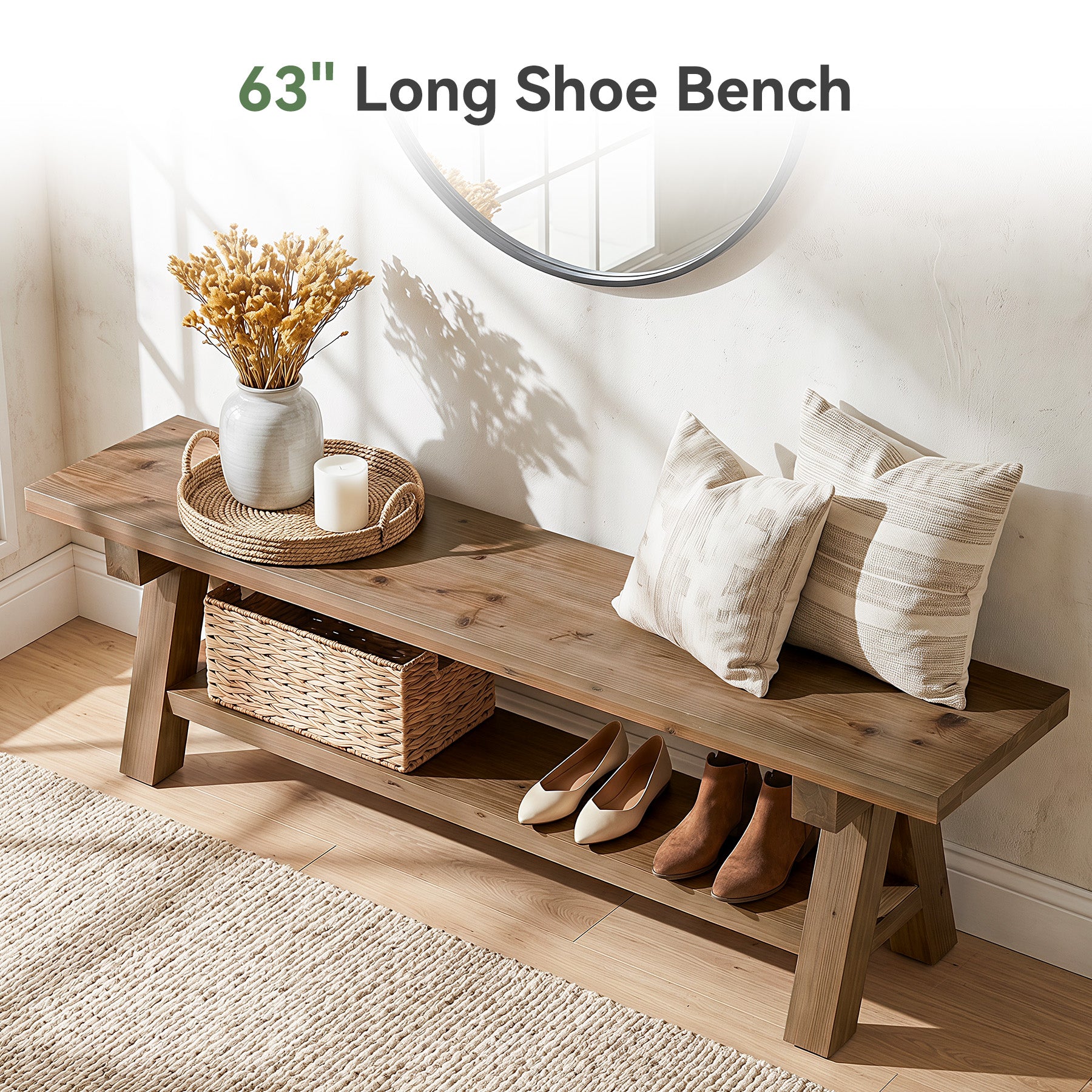 63" Solid Wood Entryway Bench with Storage Shelf, Farmhouse Wooden Shoe Bench