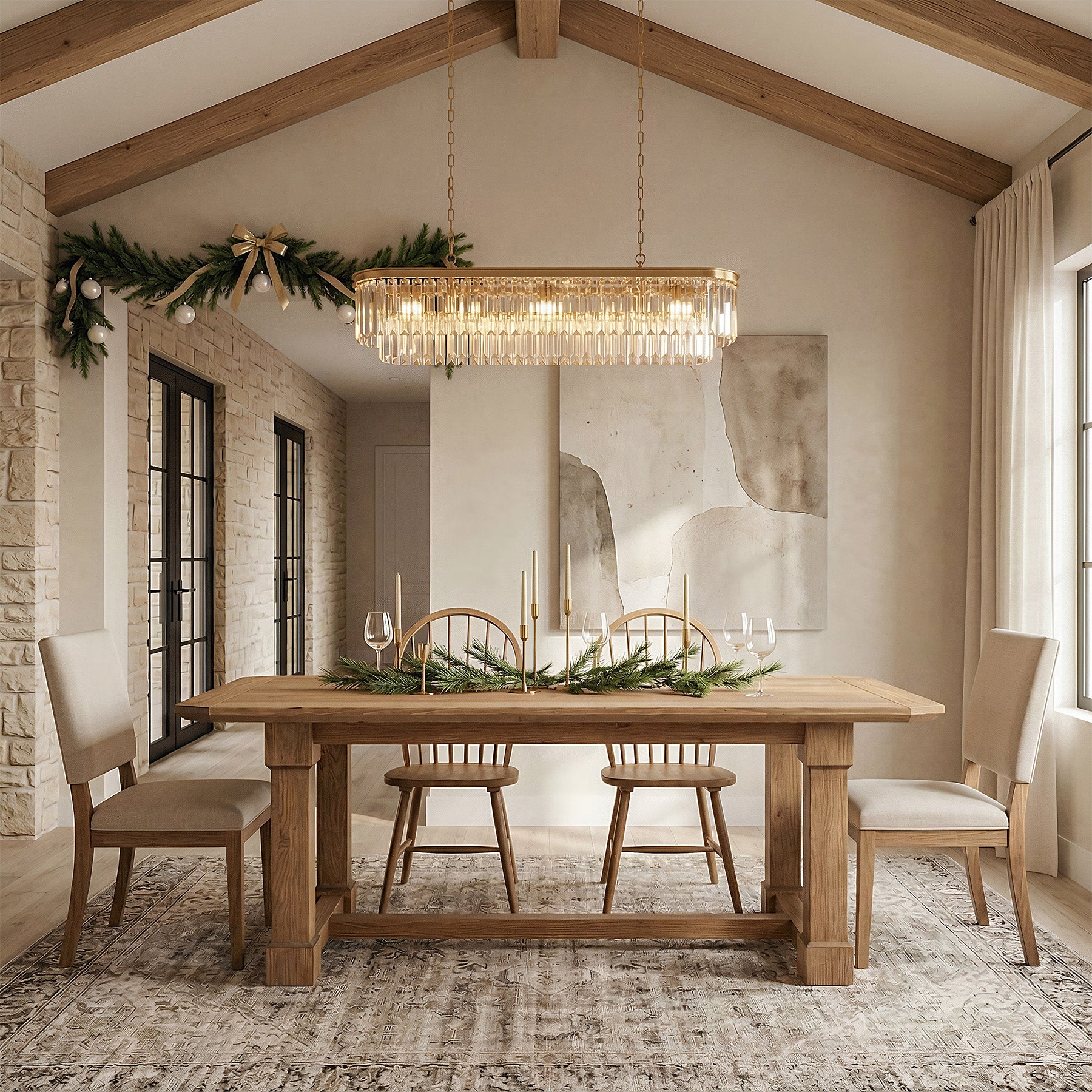63" Solid Wood Dining Table for 4–6, Farmhouse Rectangular Kitchen Table with Heavy-Duty Legs & Crossbar Support